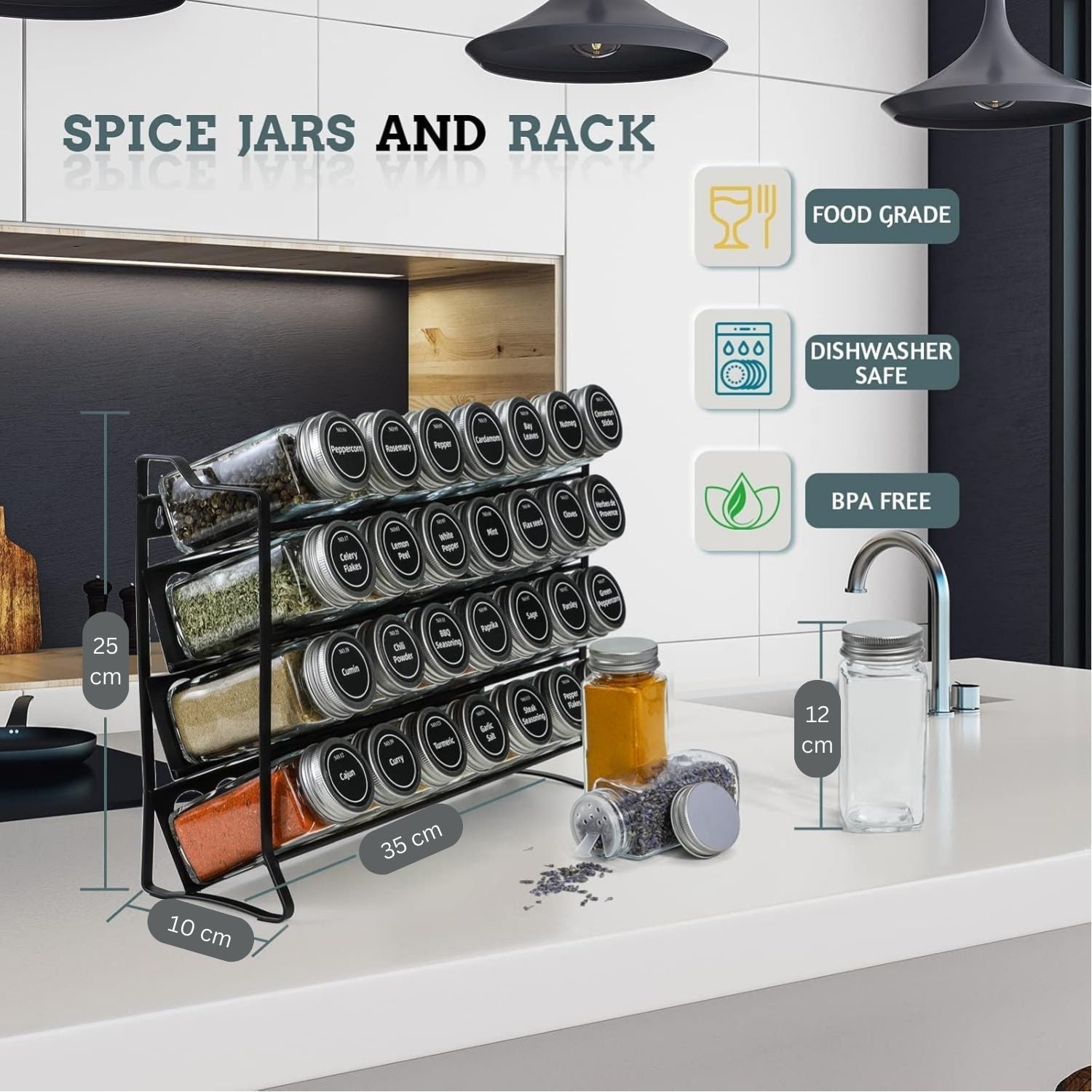 Spice Rack organiser with 28 Spice Jars, Spice Labels, Funnel and Marker for Kitchen Countertop 5
