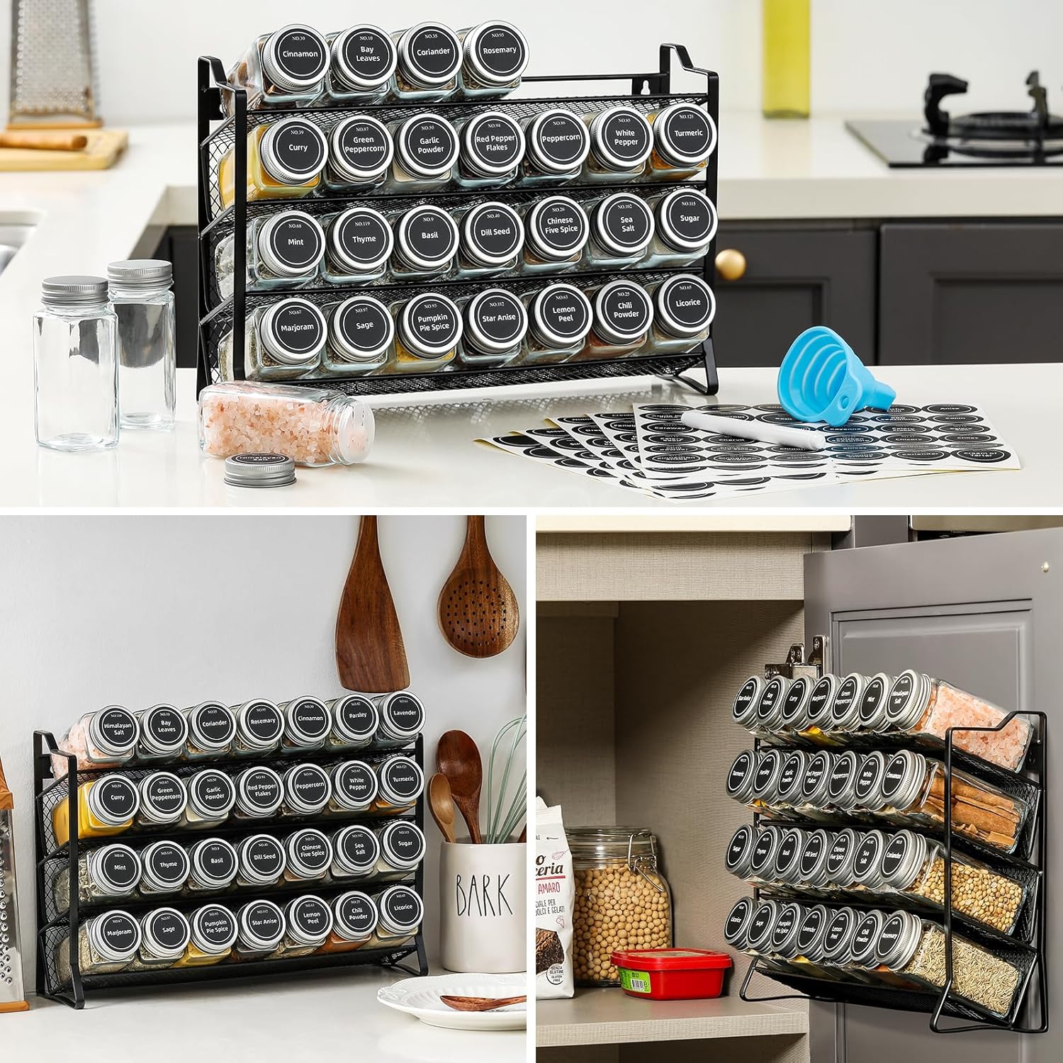 Spice Rack organiser with 28 Spice Jars, Spice Labels, Funnel and Marker for Kitchen Countertop 6