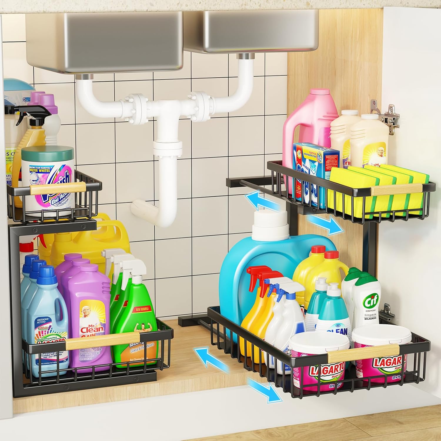 2-Tier Kitchen Under Sink Organiser Storage with Height Adjustable, Unique Slide Rail & Suction Cups for Storage 3