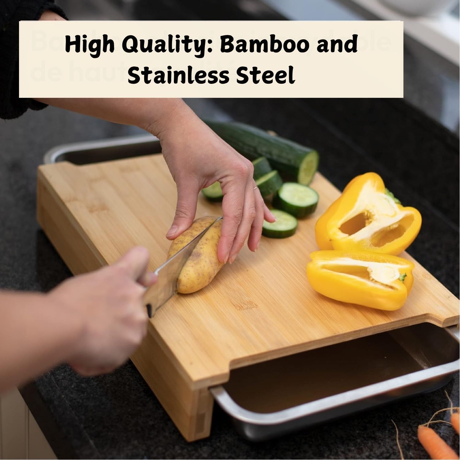 Chopping Board with with 2 Organiser Stainless Steel Trays Containers 3