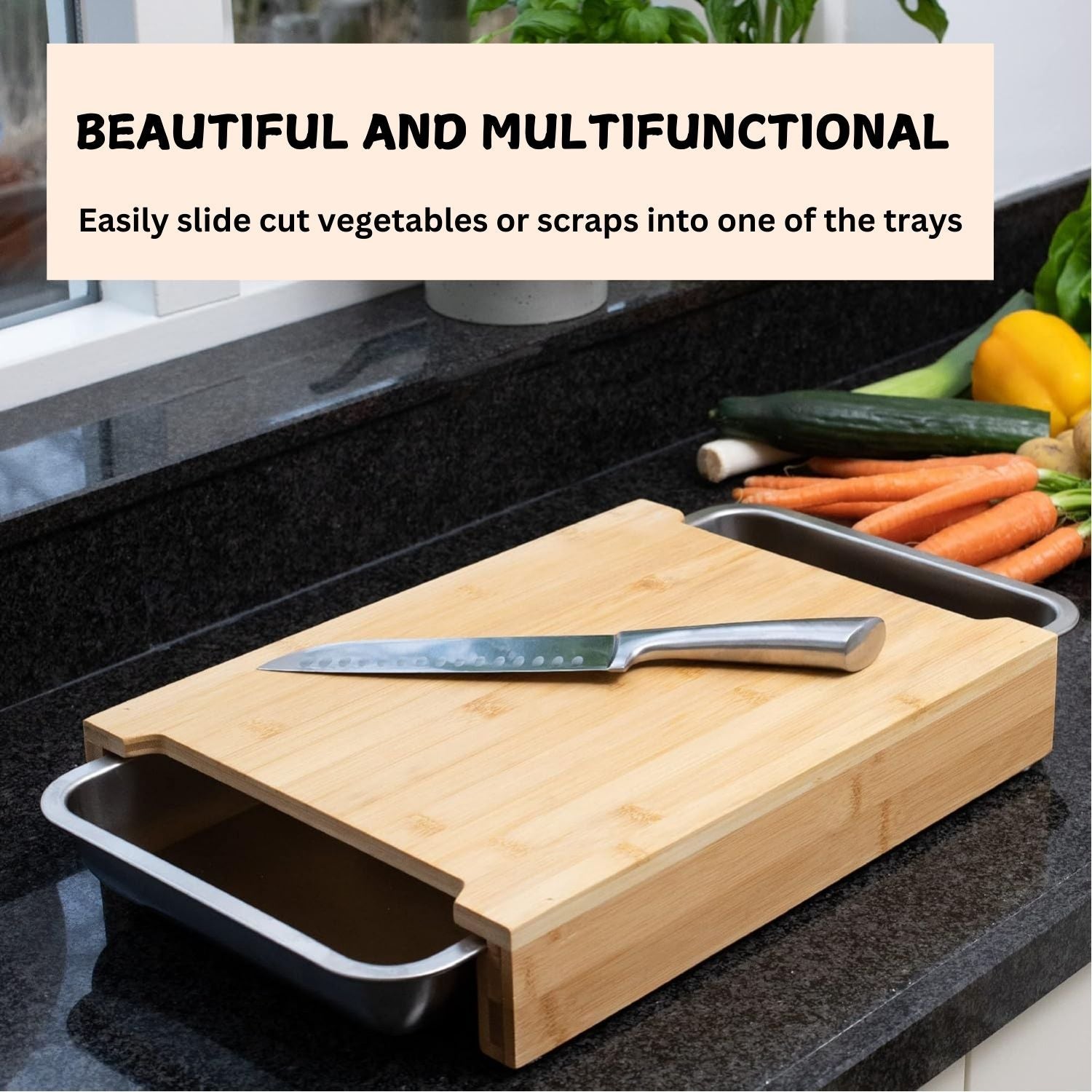 Chopping Board with with 2 Organiser Stainless Steel Trays Containers 5