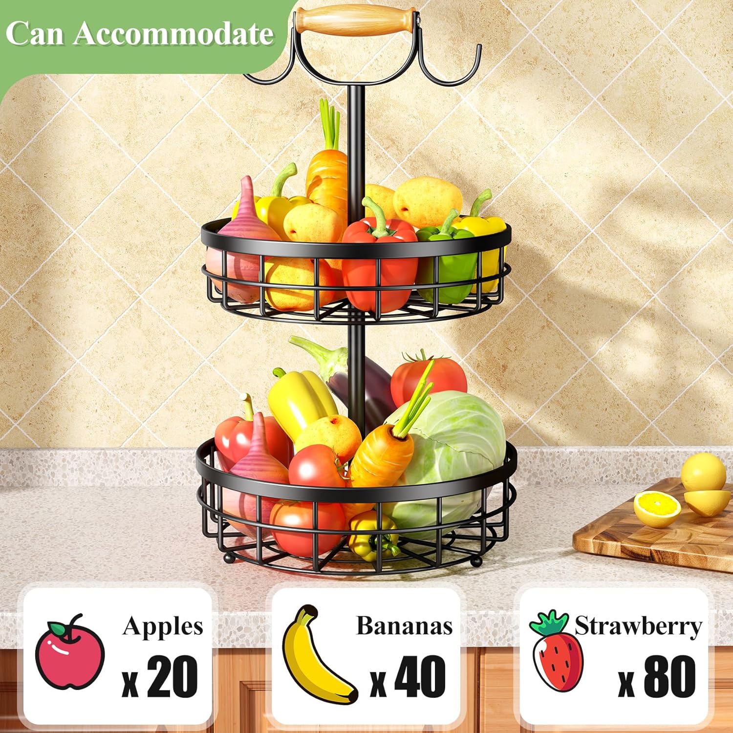2-Tier Fruit Basket Bowl Storage with Wood Lift Handle and Dual Banana Tree Hanger for Kitchen Countertop 3