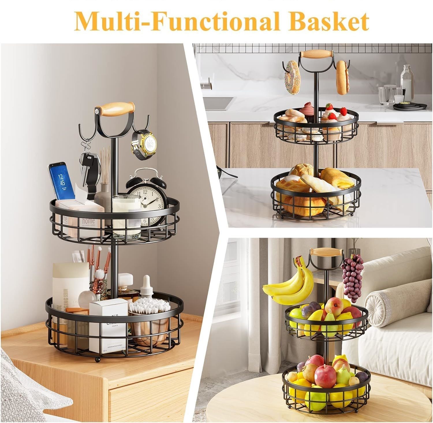 2-Tier Fruit Basket Bowl Storage with Wood Lift Handle and Dual Banana Tree Hanger for Kitchen Countertop 4