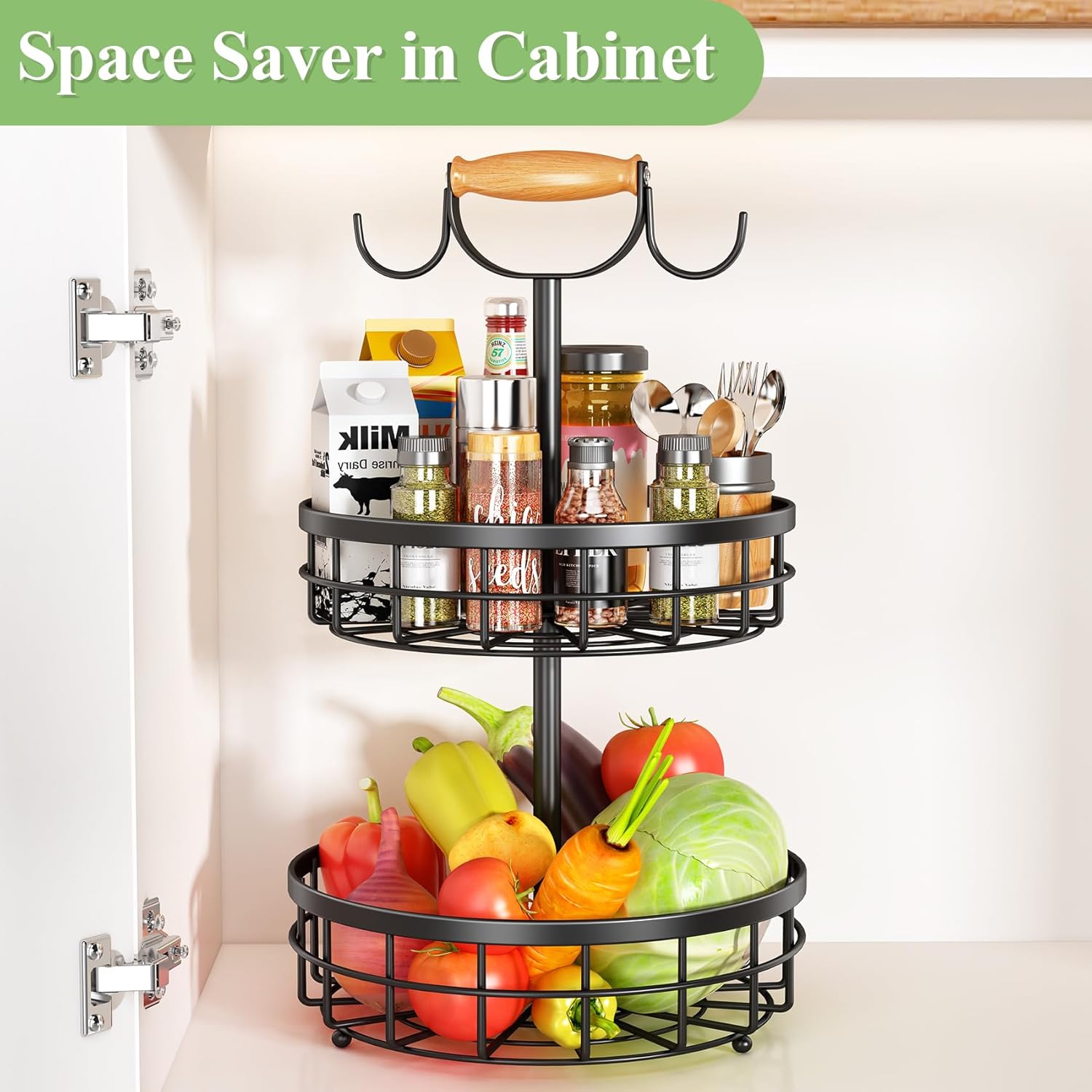 2-Tier Fruit Basket Bowl Storage with Wood Lift Handle and Dual Banana Tree Hanger for Kitchen Countertop 5