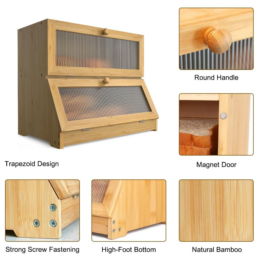 Double Layer Bamboo Bread Box for Kitchen Counter with Large Capacity and Clear Window 3