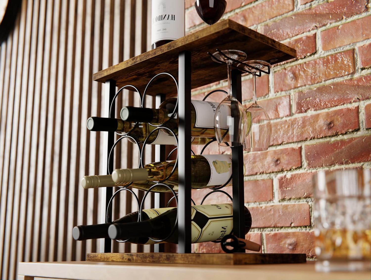 Wine Rack Countertop Wooden & Metal Holder for 6 Bottles & 2 Glasses 3
