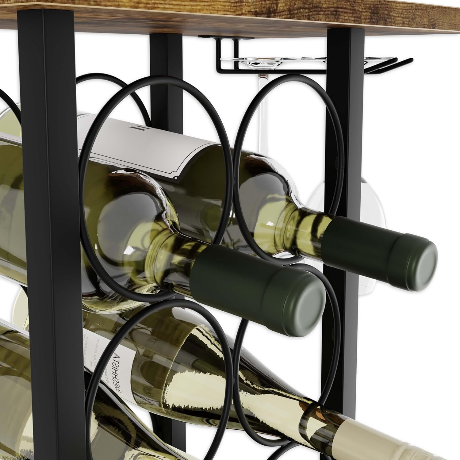 Wine Rack Countertop Wooden & Metal Holder for 6 Bottles & 2 Glasses 5