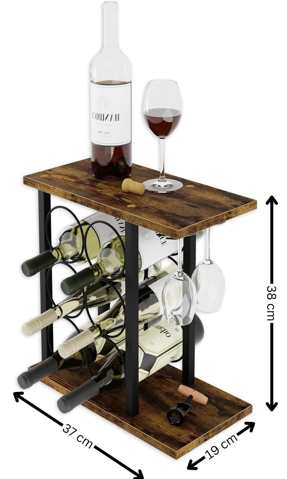Wine Rack Countertop Wooden & Metal Holder for 6 Bottles & 2 Glasses 9