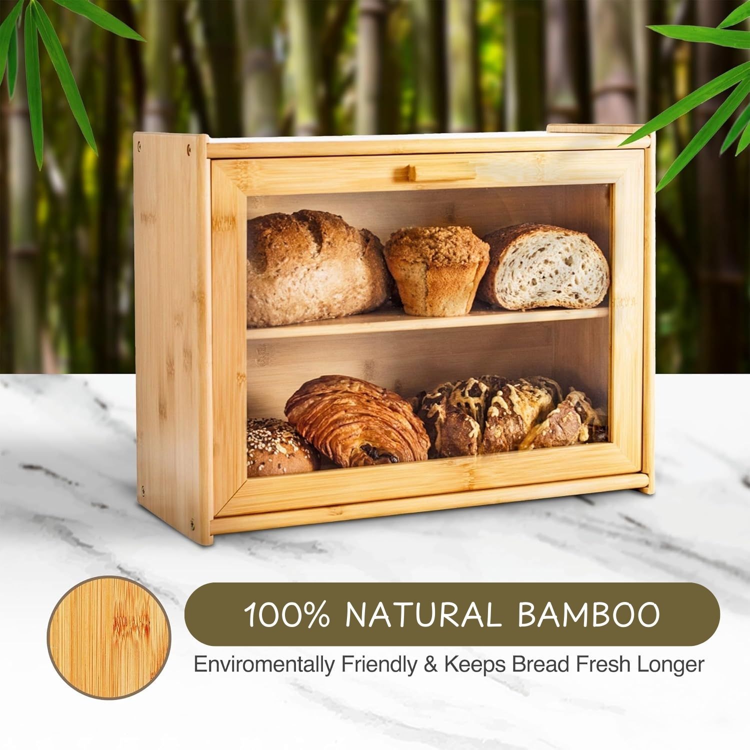 Double Layer Bamboo Bread Box for Kitchen Counter with Large Capacity and Transparent Window 3