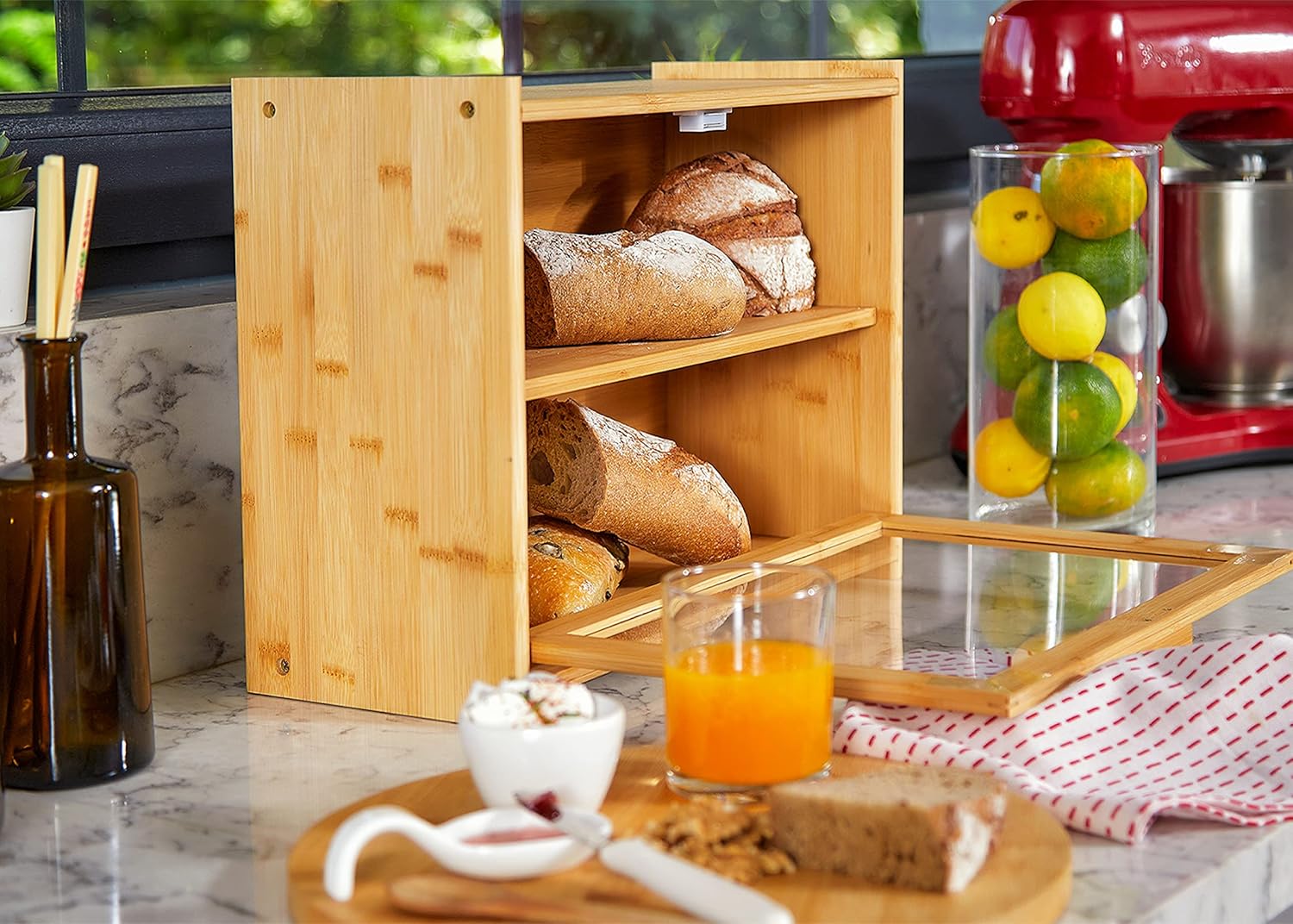 Double Layer Bamboo Bread Box for Kitchen Counter with Large Capacity and Transparent Window 7
