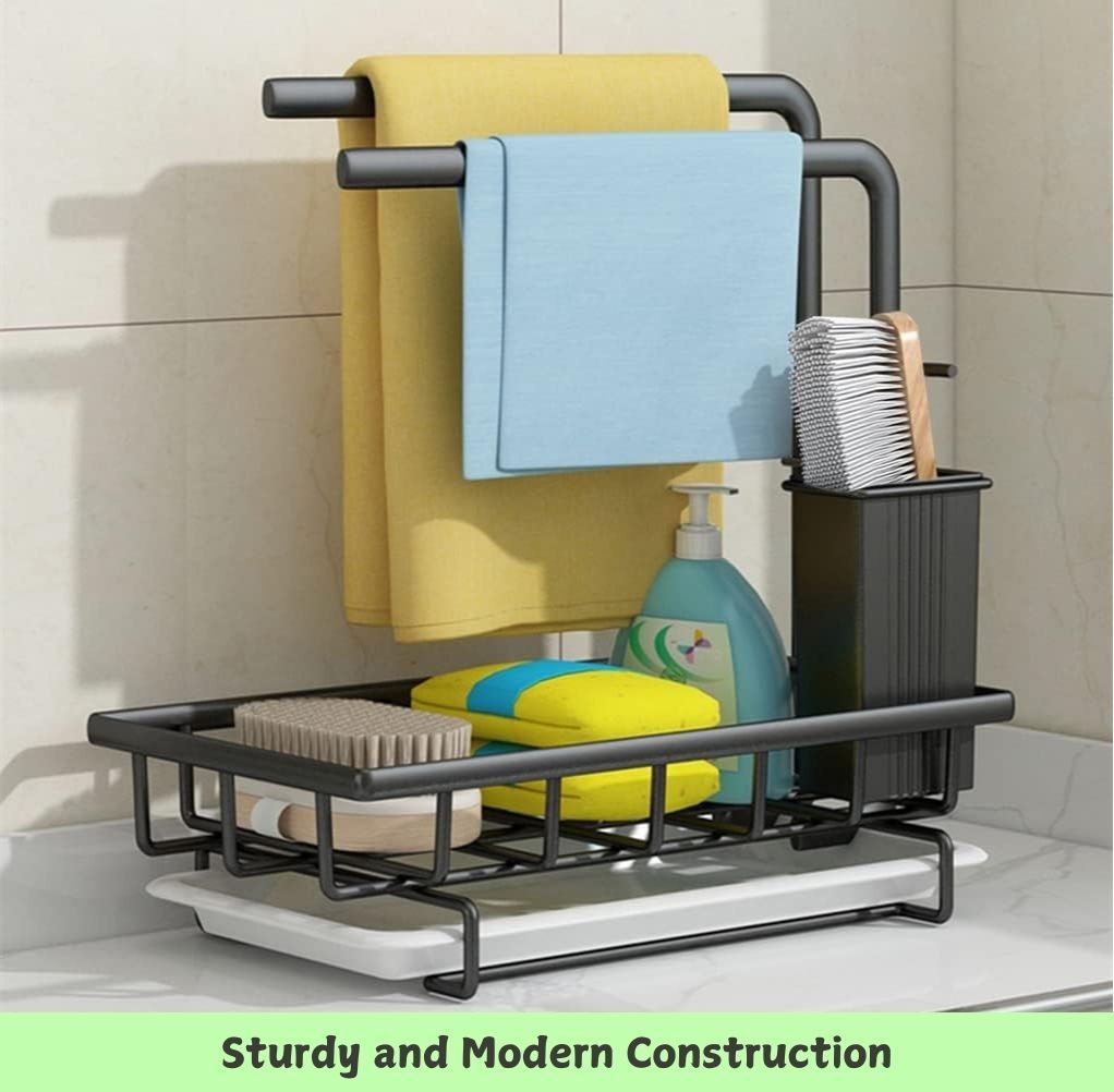 Sink Caddy Sponge Holder with Drain Tray, Brush Holder & Dishcloth Holder for Kitchen 3