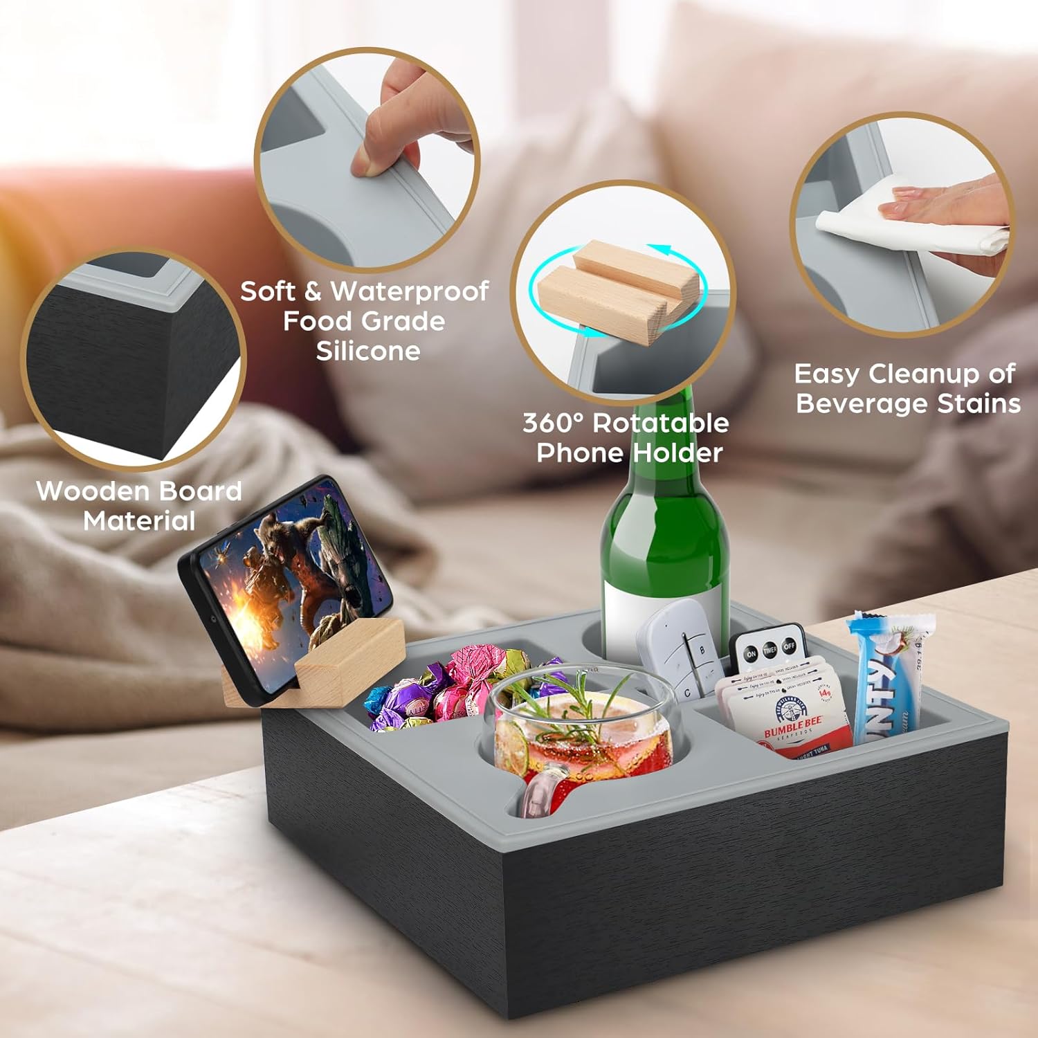 Wooden Couch Cup Holder Tray with Soft Silicone & Rotatable Phone Holder for Storaging Drinks & Snacks 3