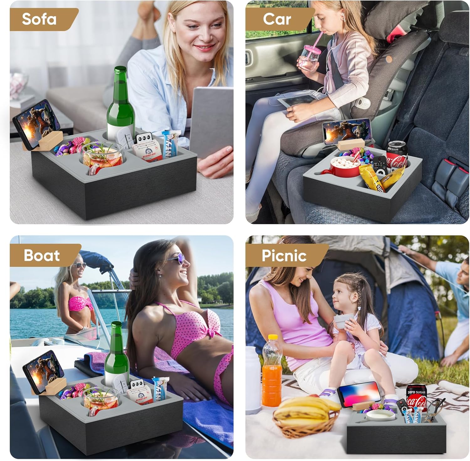 Wooden Couch Cup Holder Tray with Soft Silicone & Rotatable Phone Holder for Storaging Drinks & Snacks 5