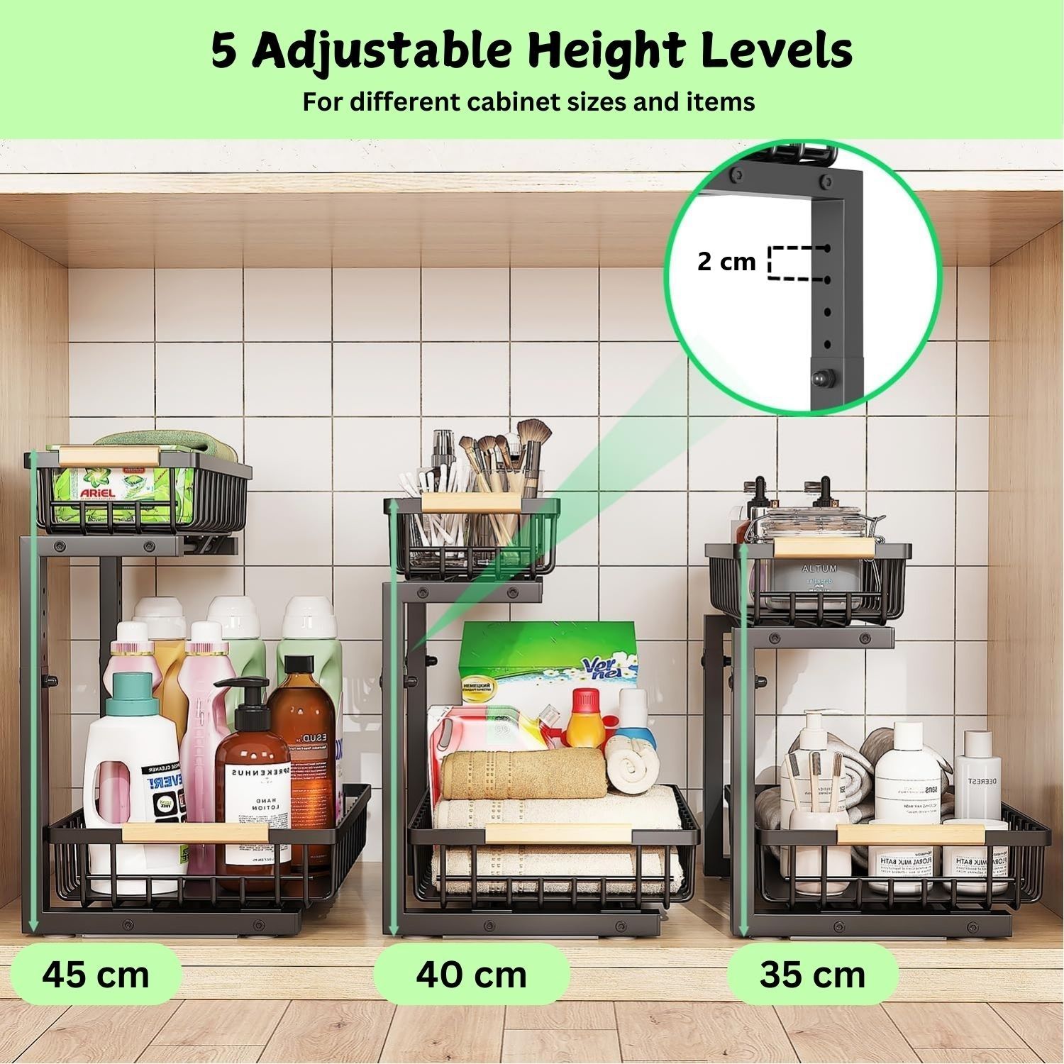 Set 2 pcs - 2-Tier Kitchen Under Sink Organiser Storage with Height Adjustable, Unique Slide Rail & Suction Cups for Storage 4
