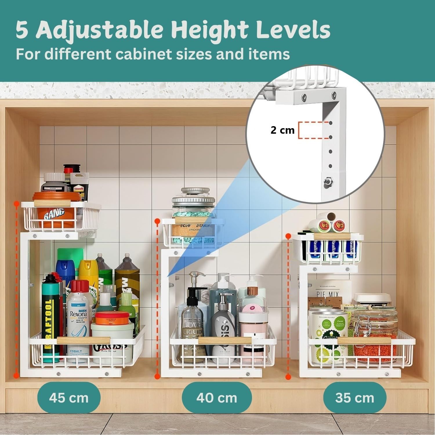 Set 2 pcs - 2-Tier Kitchen Under Sink Organiser Storage with Height Adjustable, Unique Slide Rail & Suction Cups for Storage 4