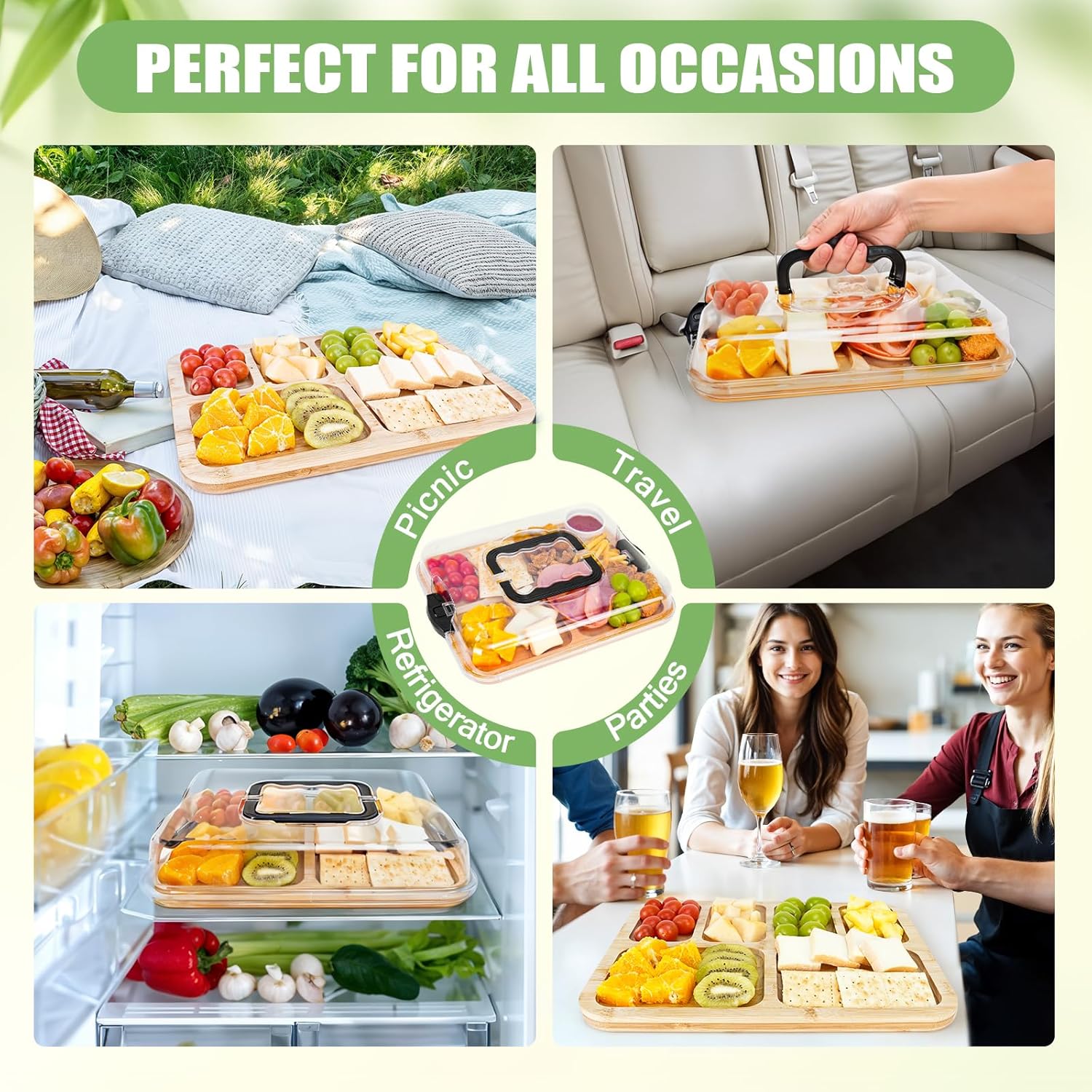 CARLA HOME Bamboo Charcuterie Board with Lid & Handle ideal Gift for Kitchen, Party & Picnic (6 Compartments) 8