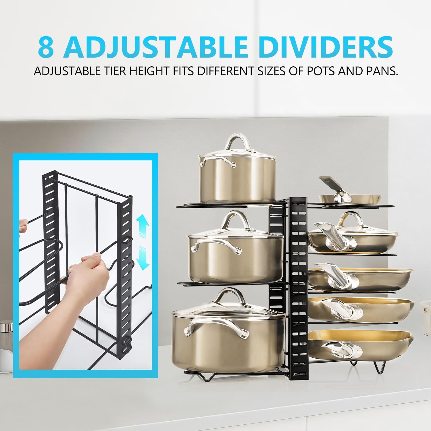 CARLA HOME Adjustable 8-Tier Pan Rack Pot Organizer for Kitchen Cabinet 6