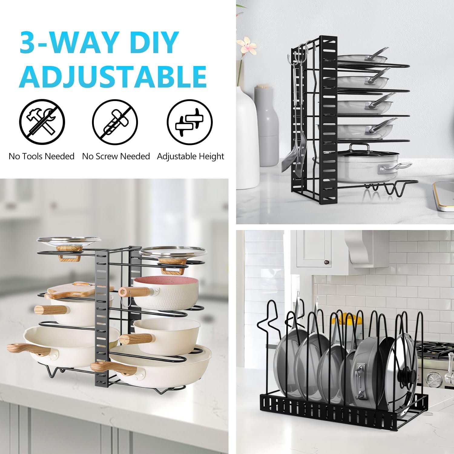 CARLA HOME Adjustable 8-Tier Pan Rack Pot Organizer for Kitchen Cabinet 8