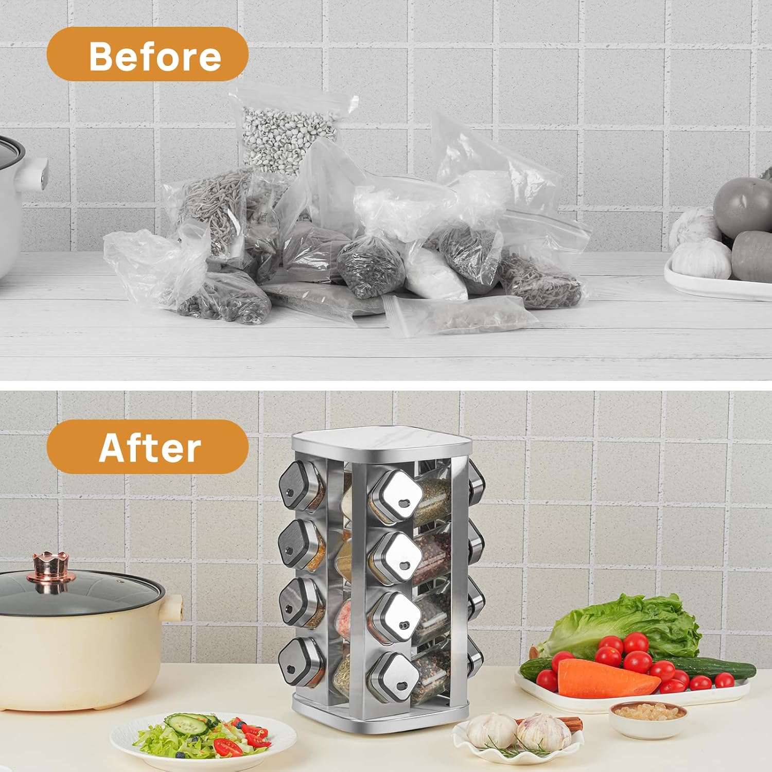 CARLA HOME Rotating Spice Rack Organizer with 20 Glass Jars for Kitchen Countertop 4