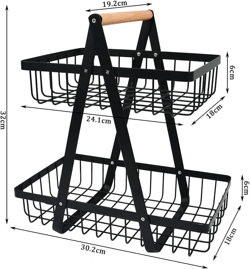CARLA HOME 2-Tier Fruit Basket Stand for Kitchen Countertop for Fruits, Vegetables, Bread & Snacks with Wooden Handle 4