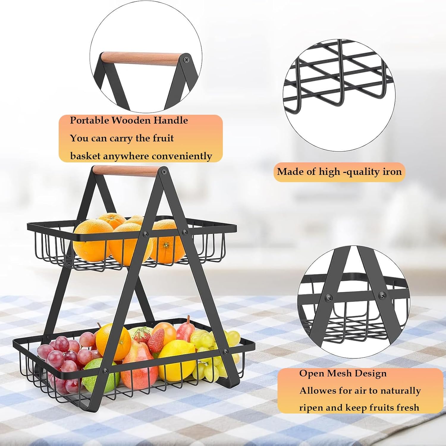 CARLA HOME 2-Tier Fruit Basket Stand for Kitchen Countertop for Fruits, Vegetables, Bread & Snacks with Wooden Handle 5