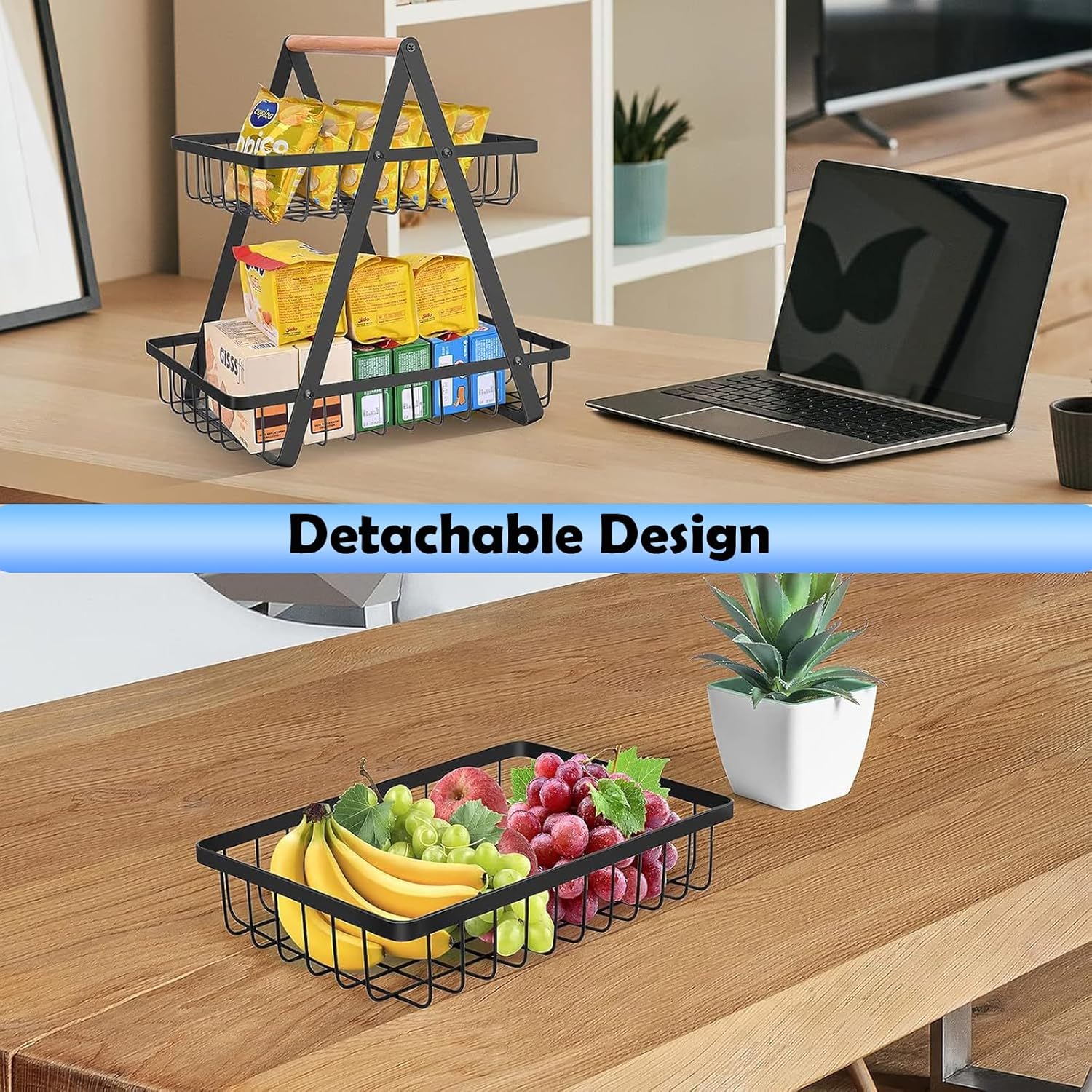 CARLA HOME 2-Tier Fruit Basket Stand for Kitchen Countertop for Fruits, Vegetables, Bread & Snacks with Wooden Handle 6