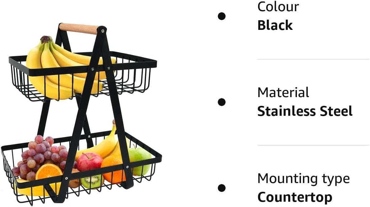 CARLA HOME 2-Tier Fruit Basket Stand for Kitchen Countertop for Fruits, Vegetables, Bread & Snacks with Wooden Handle 7