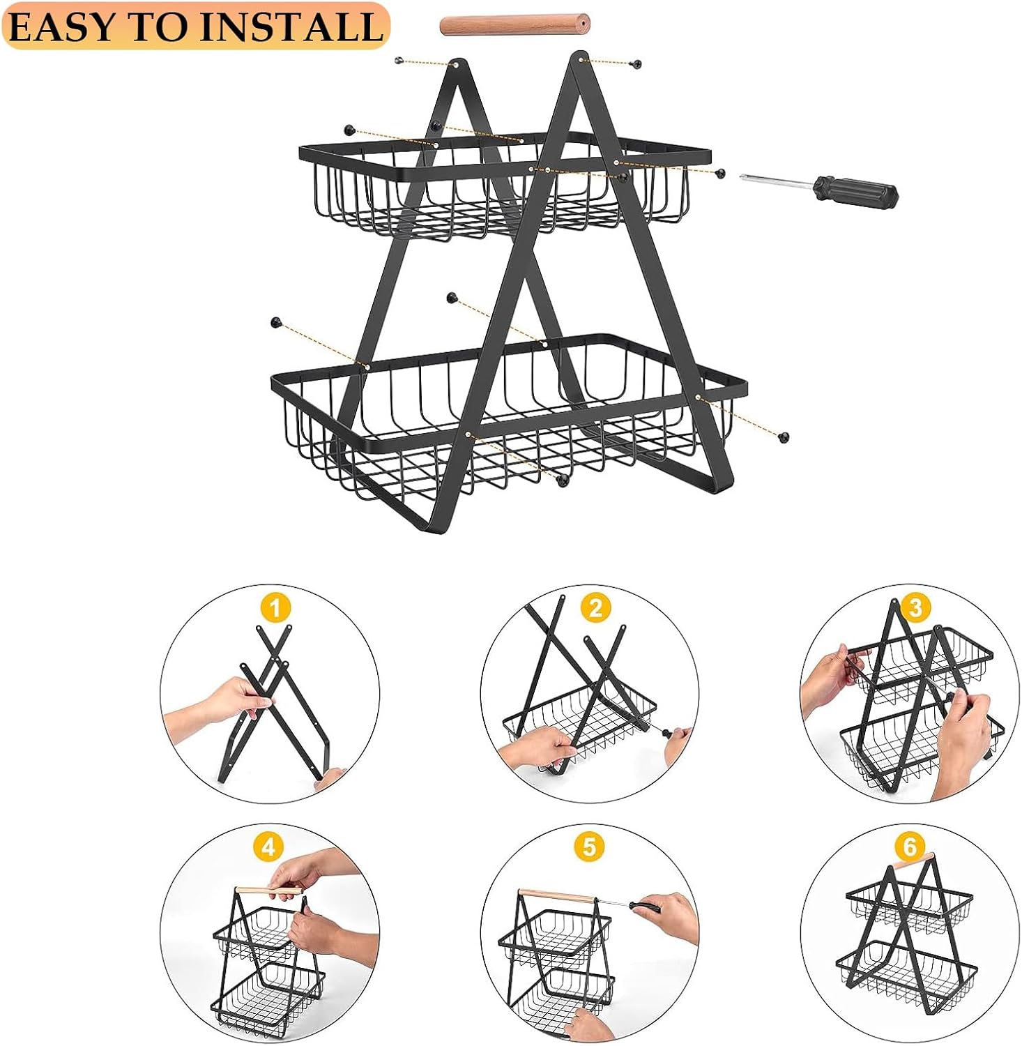 CARLA HOME 2-Tier Fruit Basket Stand for Kitchen Countertop for Fruits, Vegetables, Bread & Snacks with Wooden Handle 8