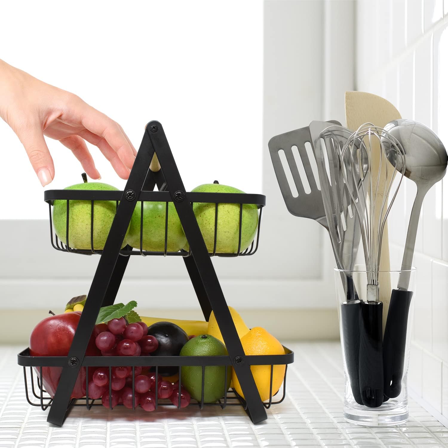 CARLA HOME 2-Tier Fruit Basket Stand for Kitchen Countertop for Fruits, Vegetables, Bread & Snacks with Wooden Handle 9