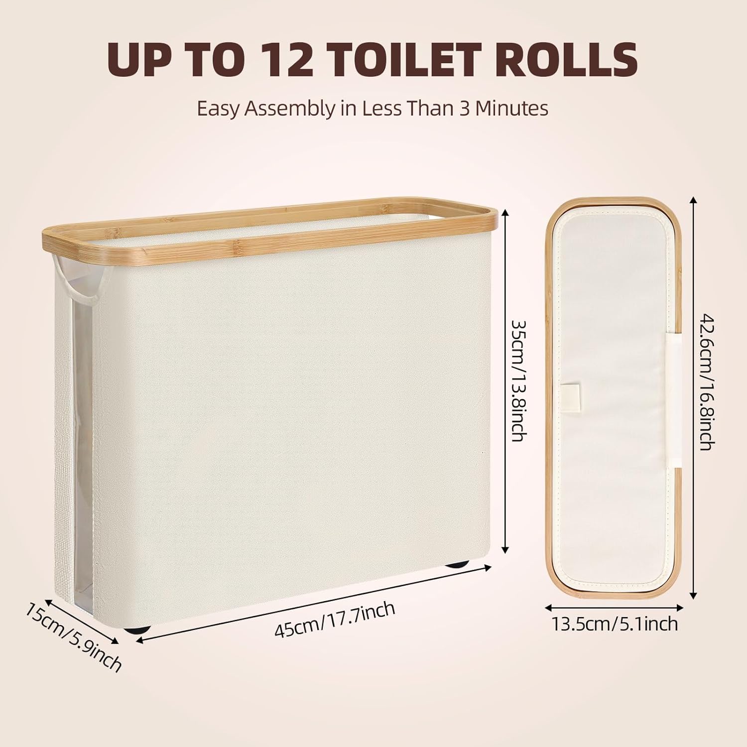CARLA HOME Toilet Paper Storage Basket Holds Up to 12 Rolls with Bamboo Lid and Handle for RV Closet (White) 3