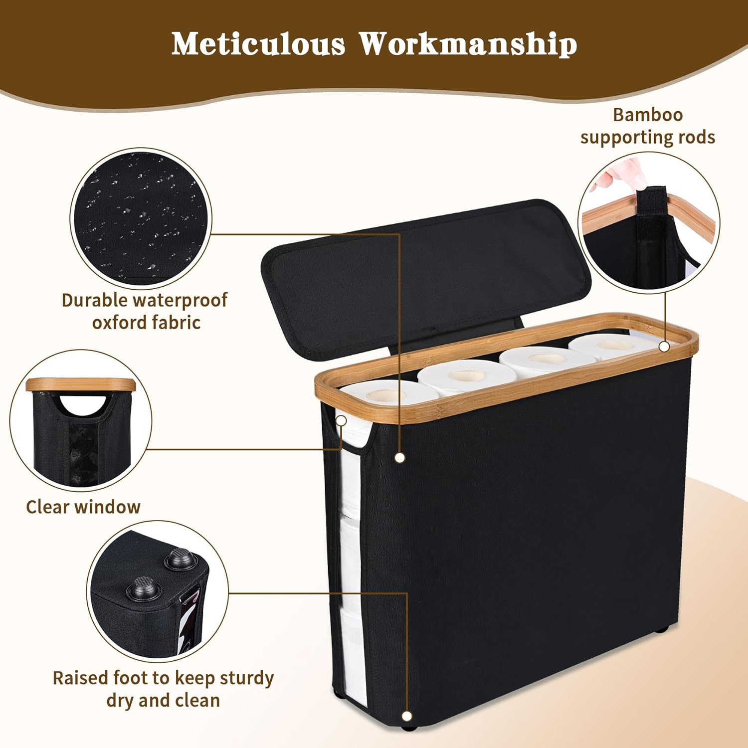 CARLA HOME Toilet Paper Storage Basket Holds Up to 12 Rolls with Bamboo Lid and Handle for RV Closet (Black) 4