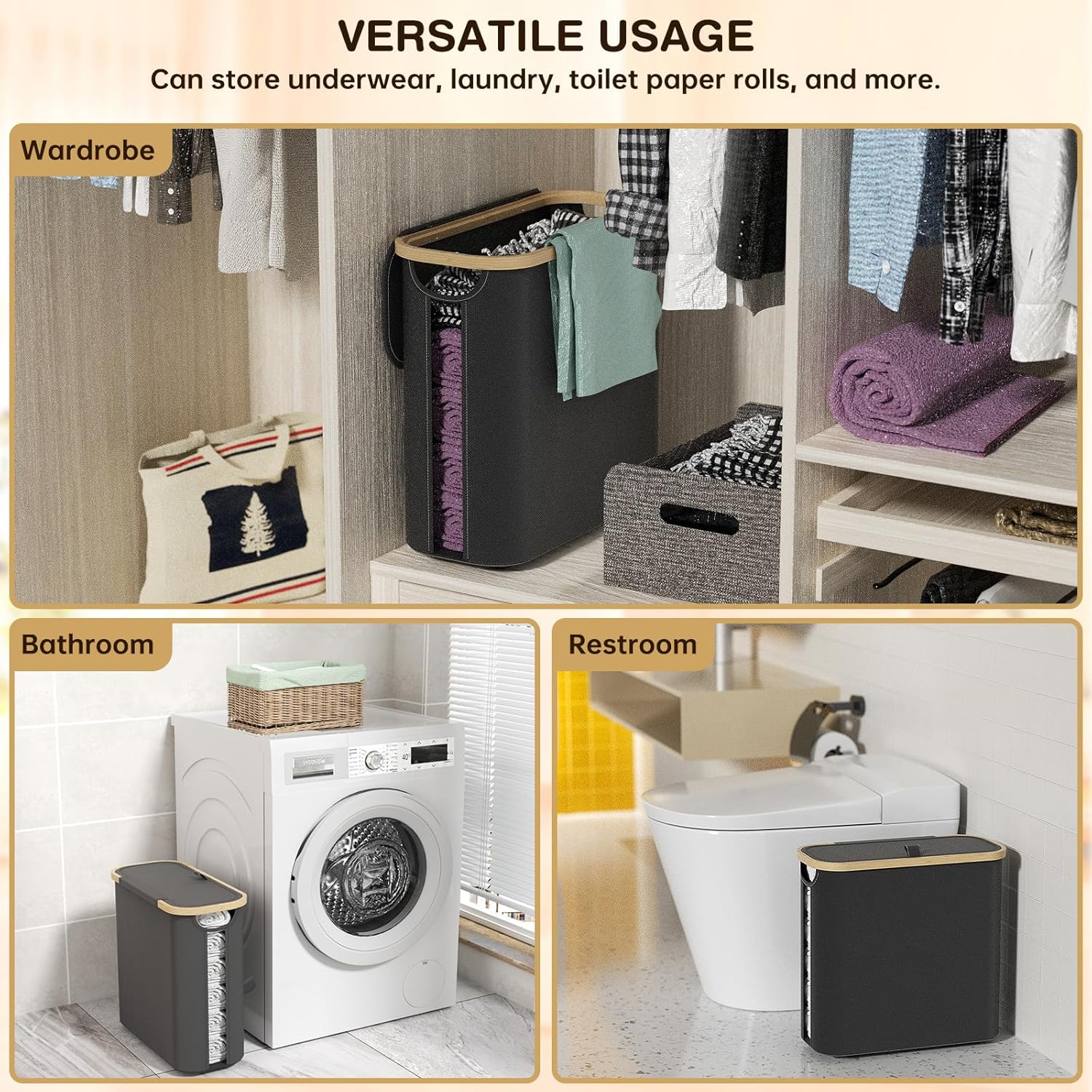 CARLA HOME Toilet Paper Storage Basket Holds Up to 12 Rolls with Bamboo Lid and Handle for RV Closet (Black) 6