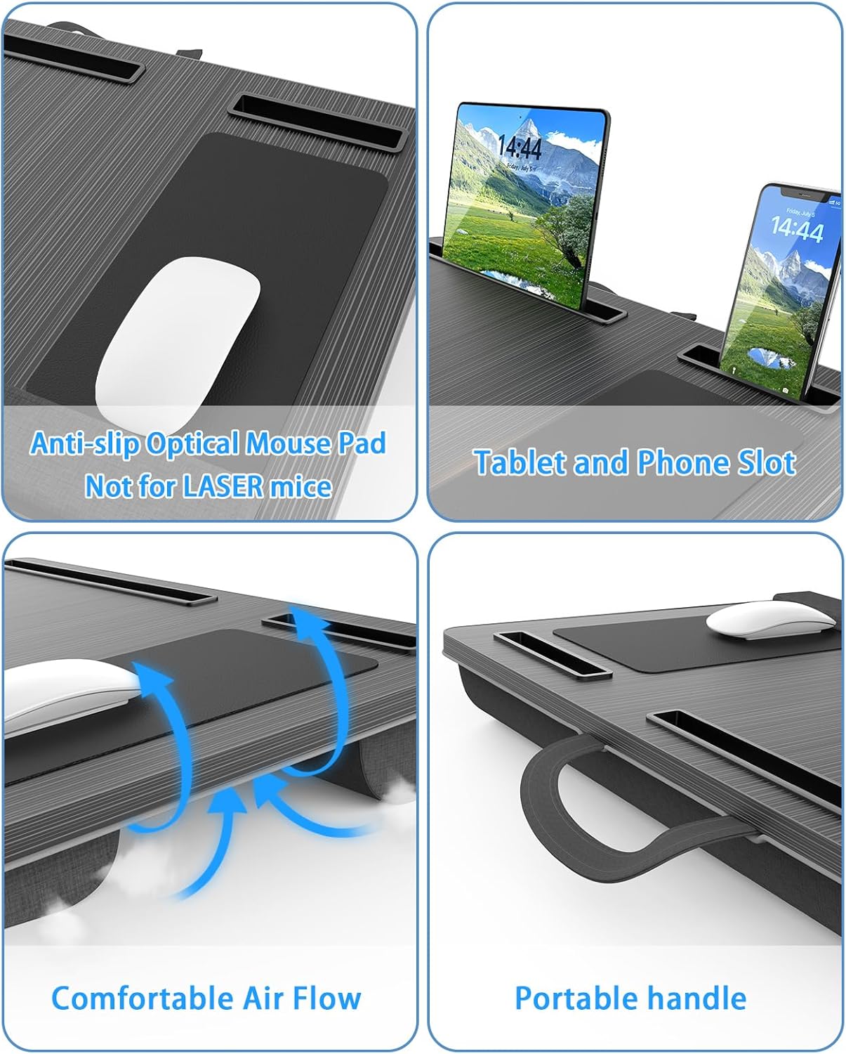 CARLA HOME Oversized Portable Lap Desk with Cushion,Mouse Pad, Tablet and Phone Holder which Fits Up to 17 Inch Laptops for Bed or Sofa (Black) 4