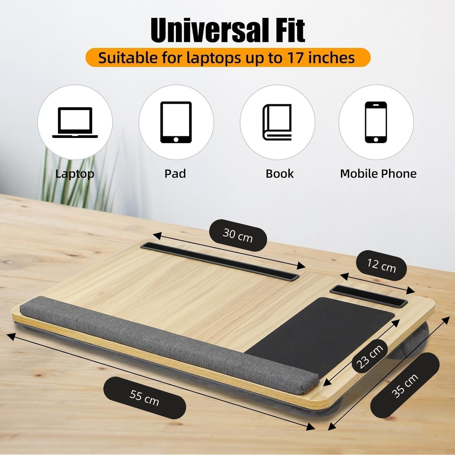 CARLA HOME Oversized Portable Lap Desk with Cushion,Mouse Pad, Tablet and Phone Holder which Fits Up to 17 Inch Laptops for Bed or Sofa (Brown)