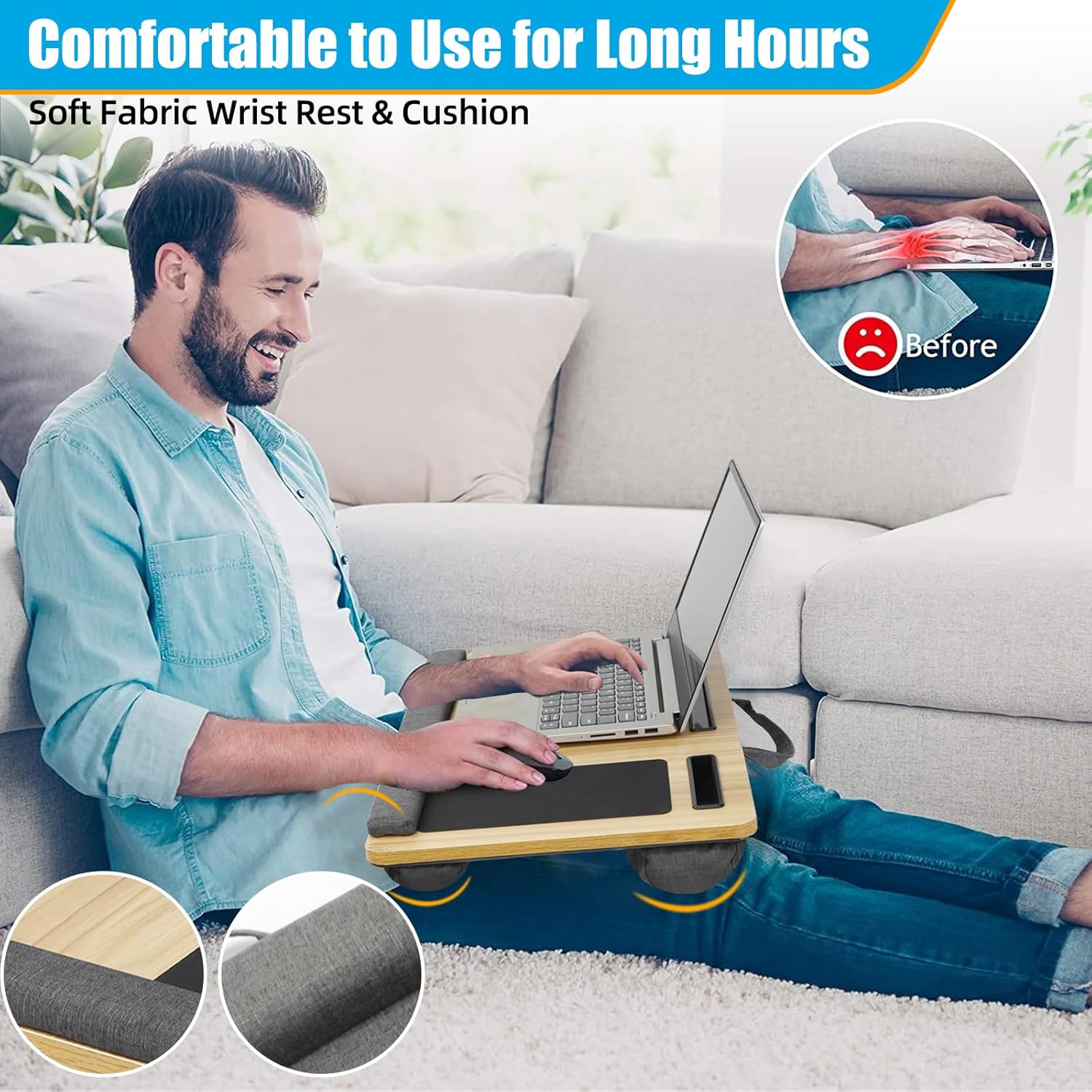 CARLA HOME Oversized Portable Lap Desk with Cushion,Mouse Pad, Tablet and Phone Holder which Fits Up to 17 Inch Laptops for Bed or Sofa (Brown) 4