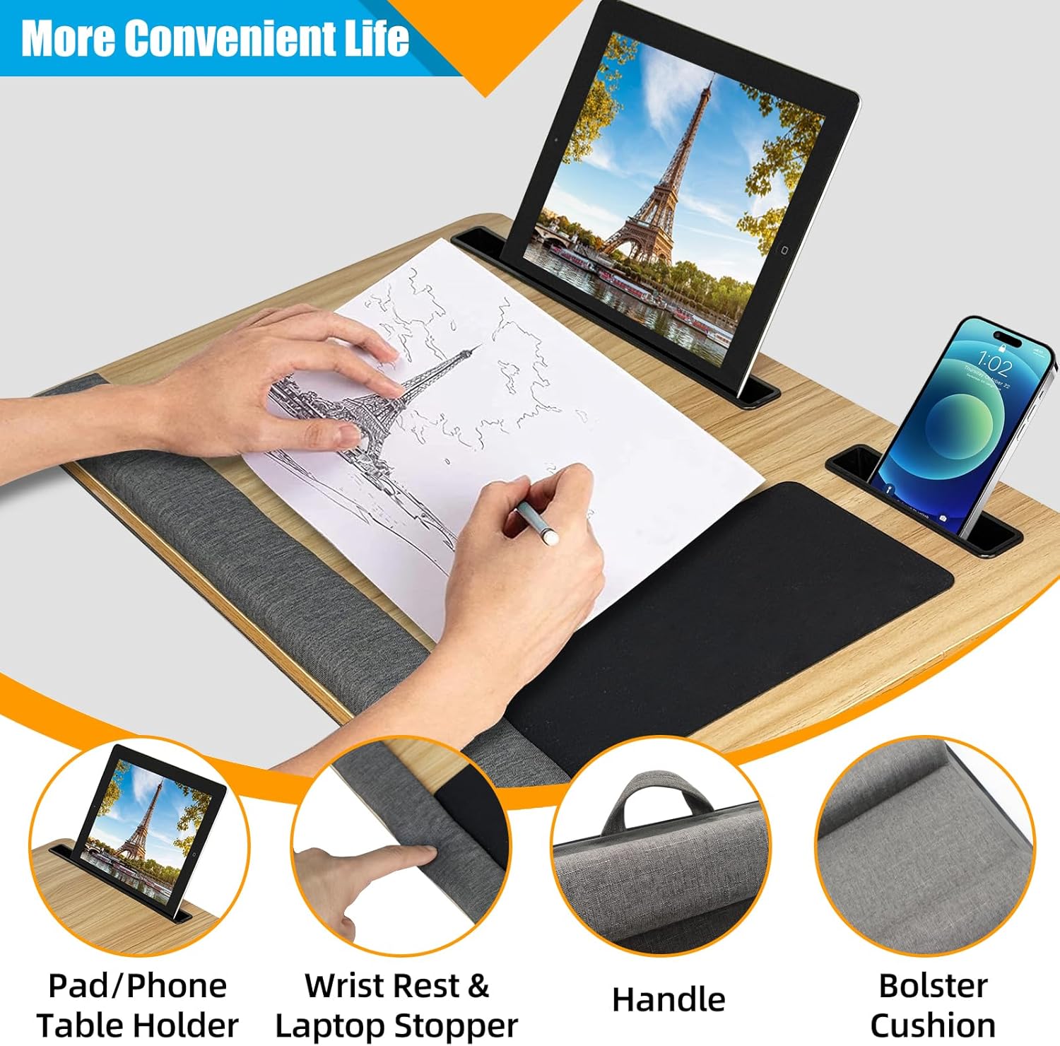 CARLA HOME Oversized Portable Lap Desk with Cushion,Mouse Pad, Tablet and Phone Holder which Fits Up to 17 Inch Laptops for Bed or Sofa (Brown) 5