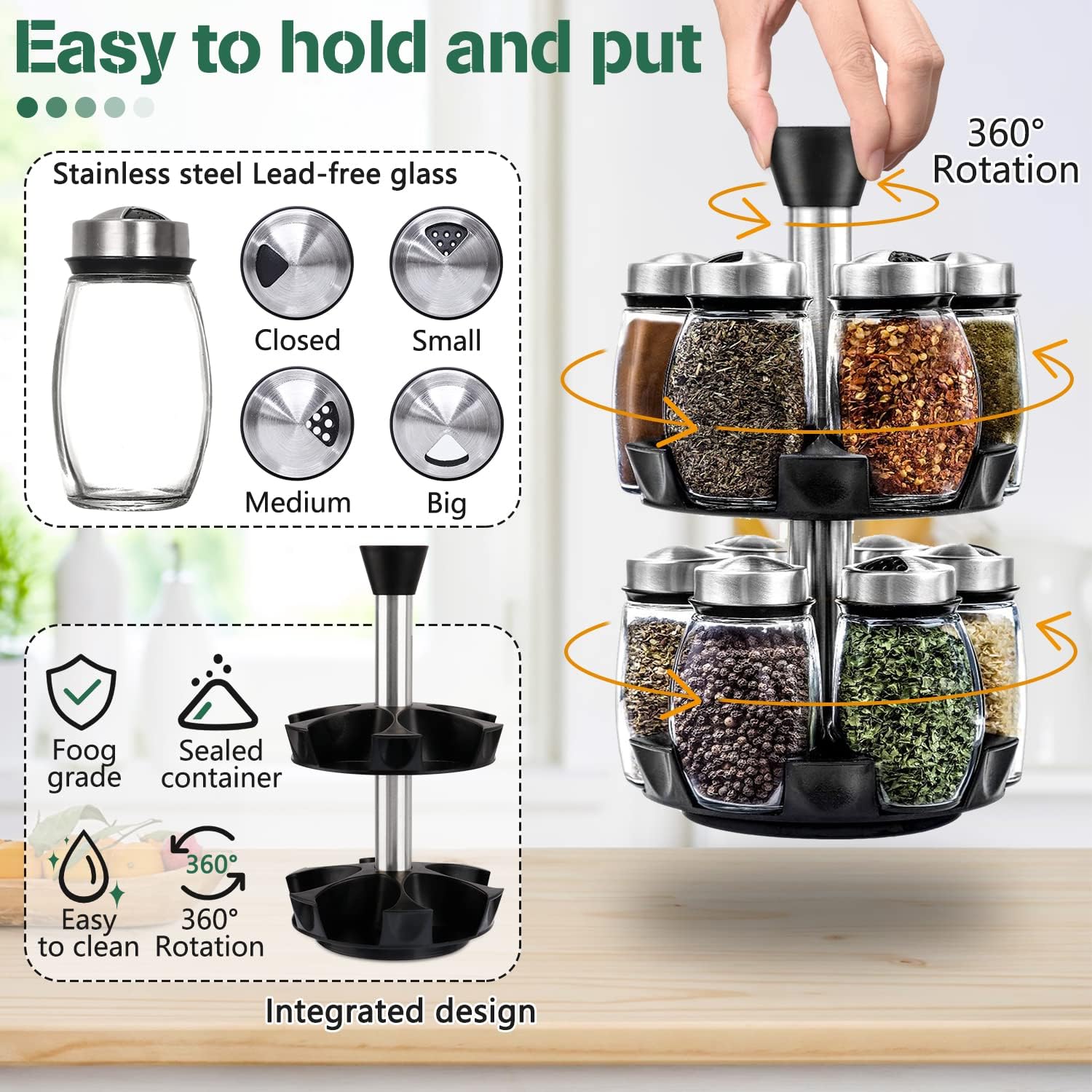 CARLA HOME Rotating Spice Rack Organizer with 16 Glass Jars for Kitchen Seasoning and Herb Storage 4