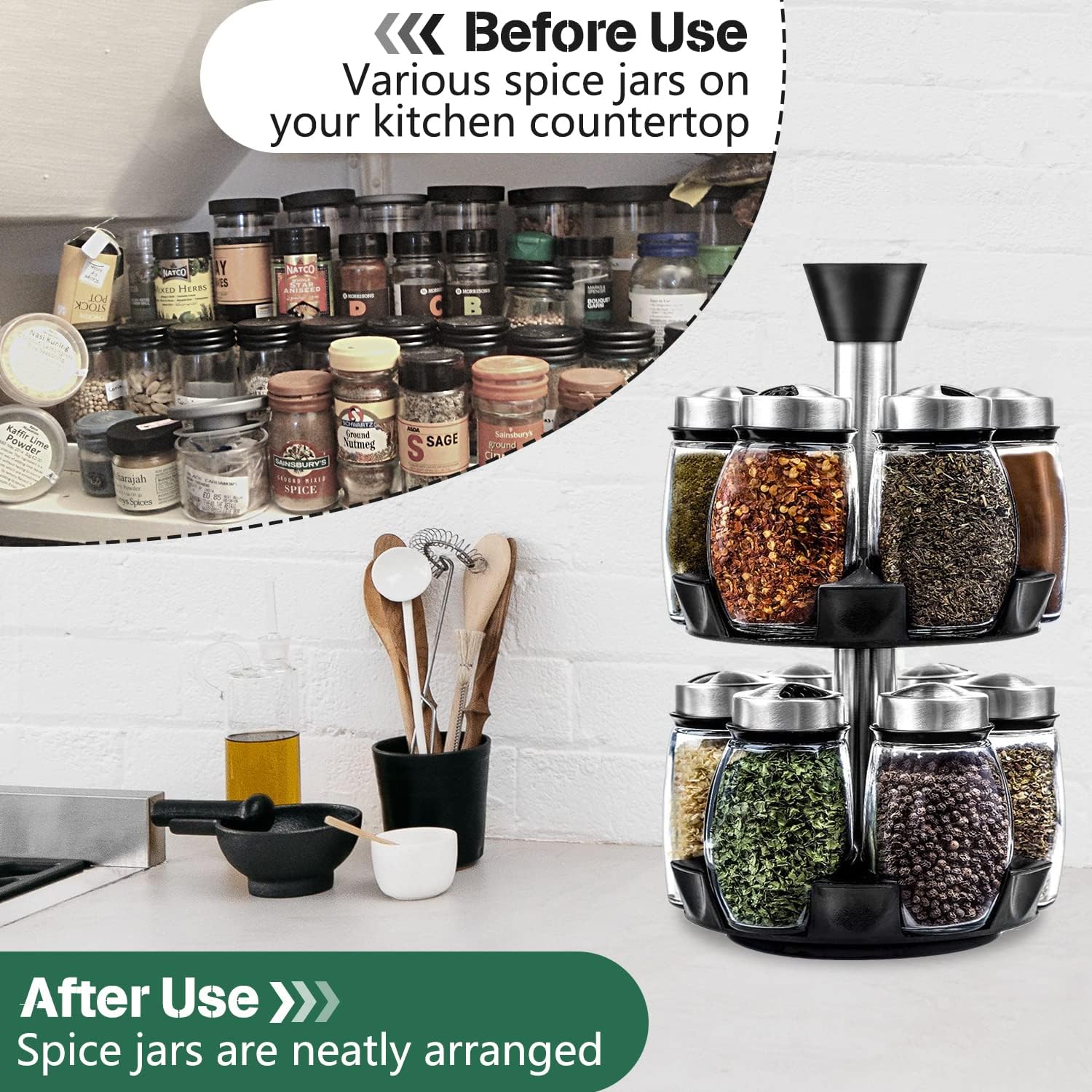 CARLA HOME Rotating Spice Rack Organizer with 16 Glass Jars for Kitchen Seasoning and Herb Storage 5