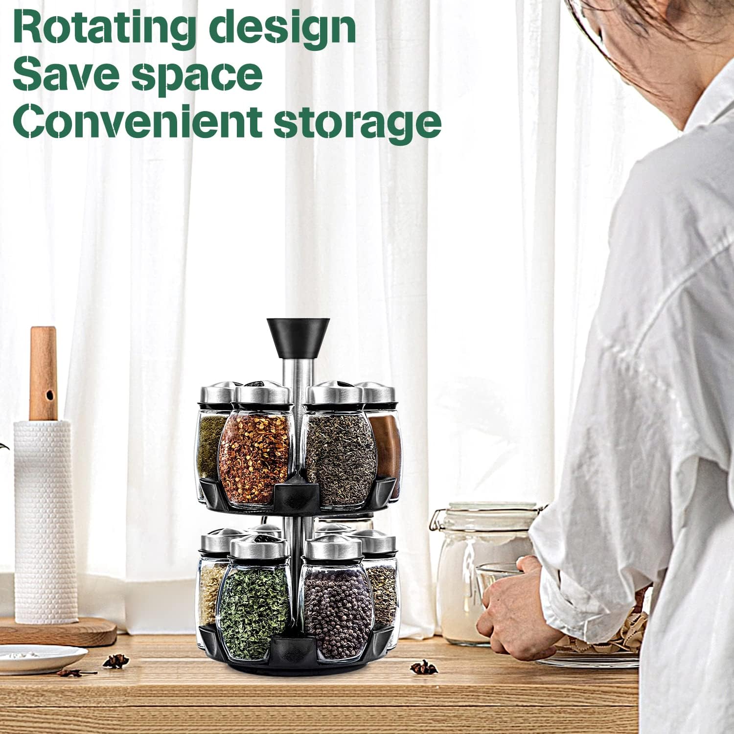 CARLA HOME Rotating Spice Rack Organizer with 16 Glass Jars for Kitchen Seasoning and Herb Storage 6