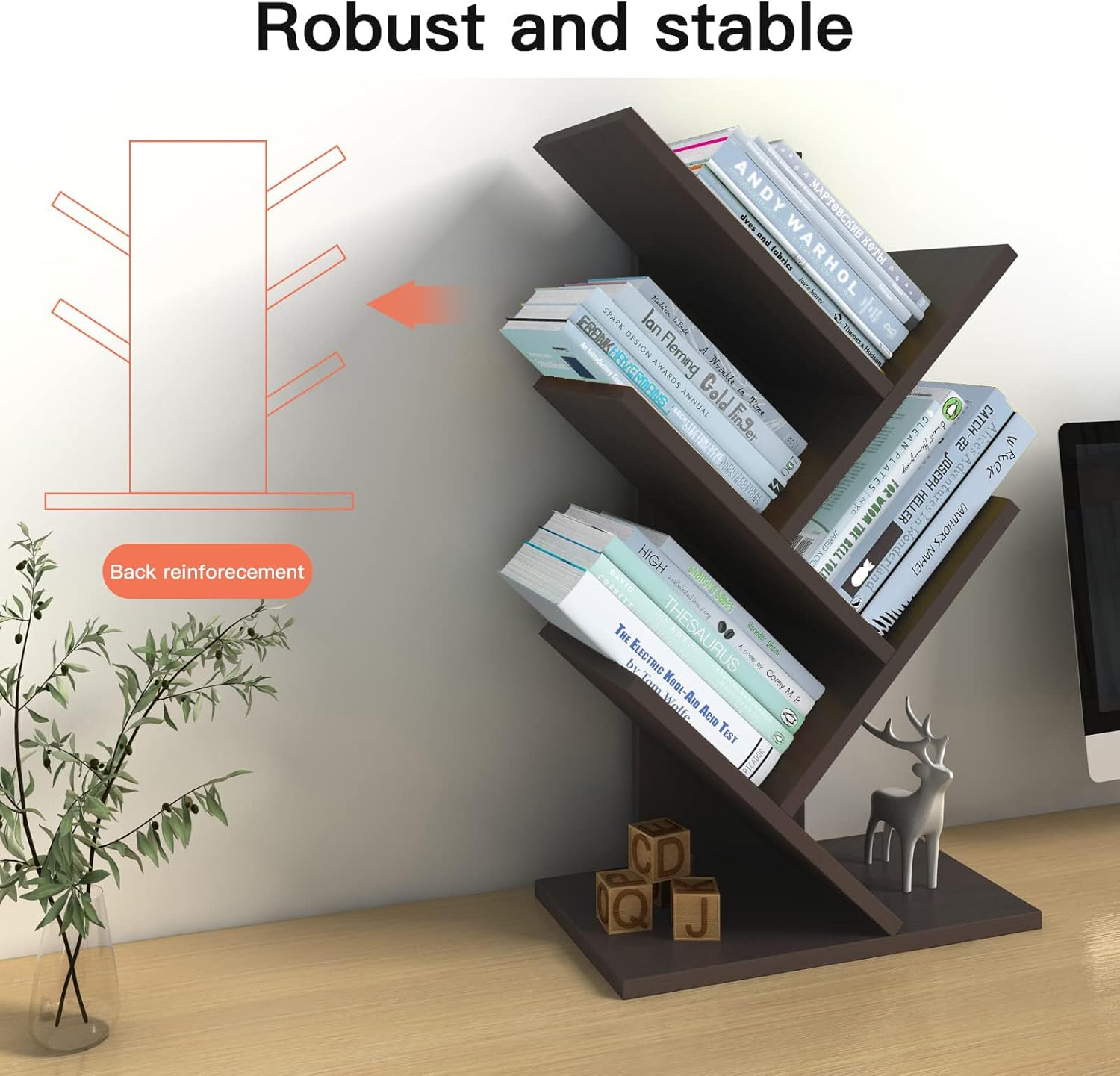 CARLA HOME 5-Tier Tree Bookshelf Storage Rack for Home Office or Bedroom (Black) 6