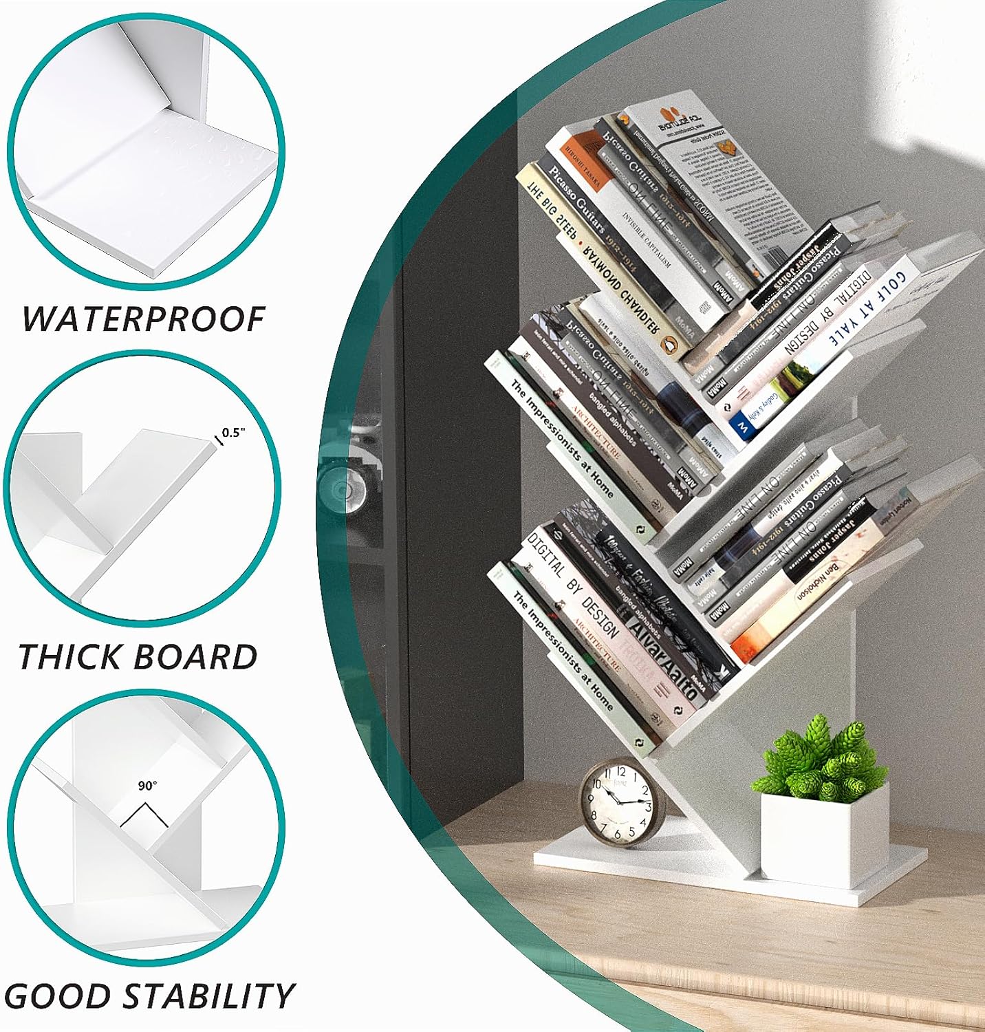 CARLA HOME 5-Tier Tree Bookshelf Storage Rack for Home Office or Bedroom (White) 4