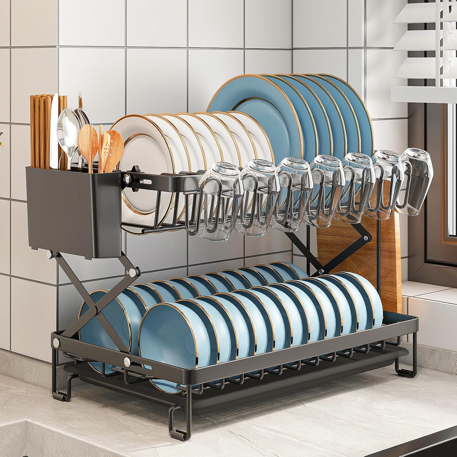 CARLA HOME 2-Tier Dish Drying Rack with Drainage Tray, Utensil Holder, Cup Hooks & Cutting Board Rack for Kitchen (Black) 3