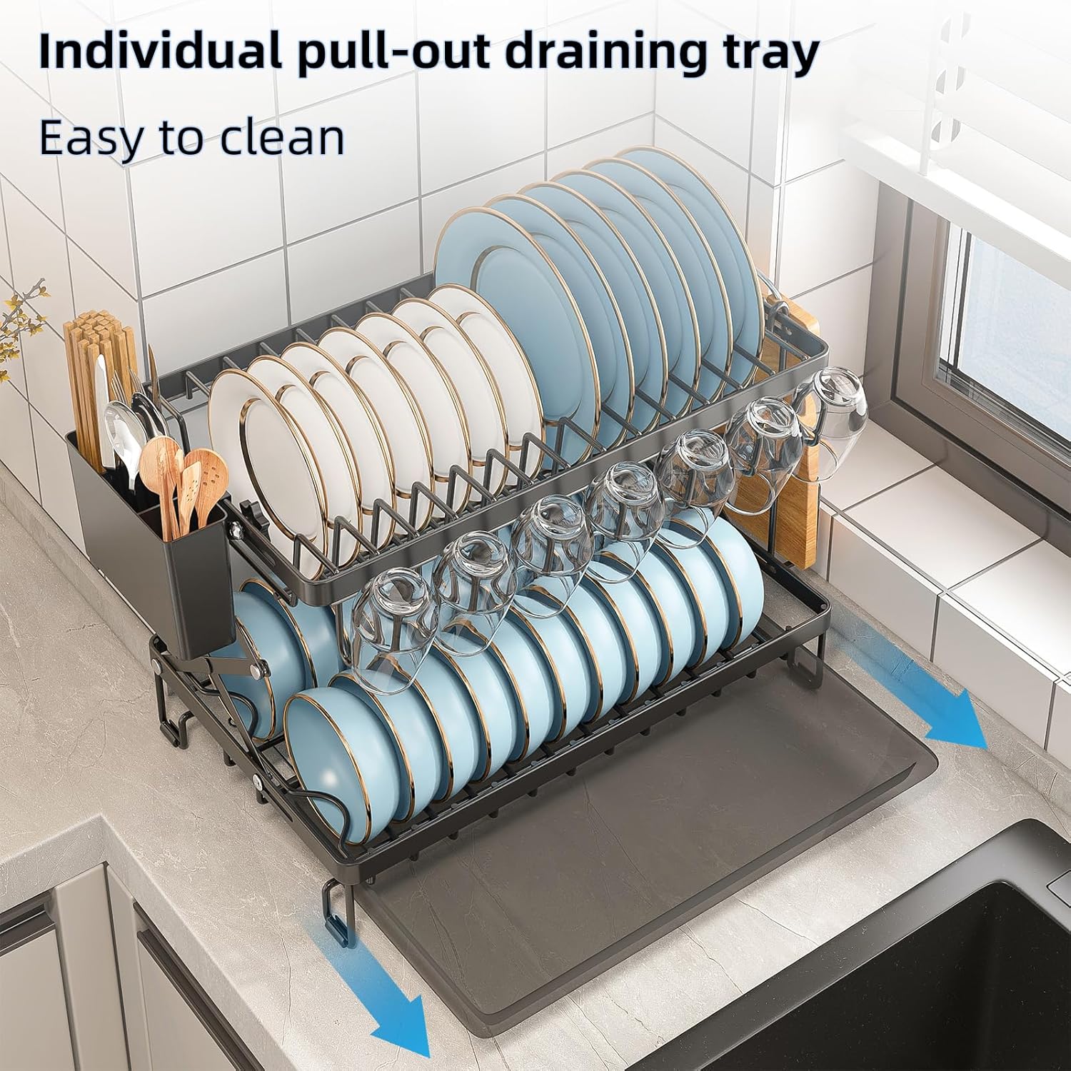 CARLA HOME 2-Tier Dish Drying Rack with Drainage Tray, Utensil Holder, Cup Hooks & Cutting Board Rack for Kitchen (Black) 5