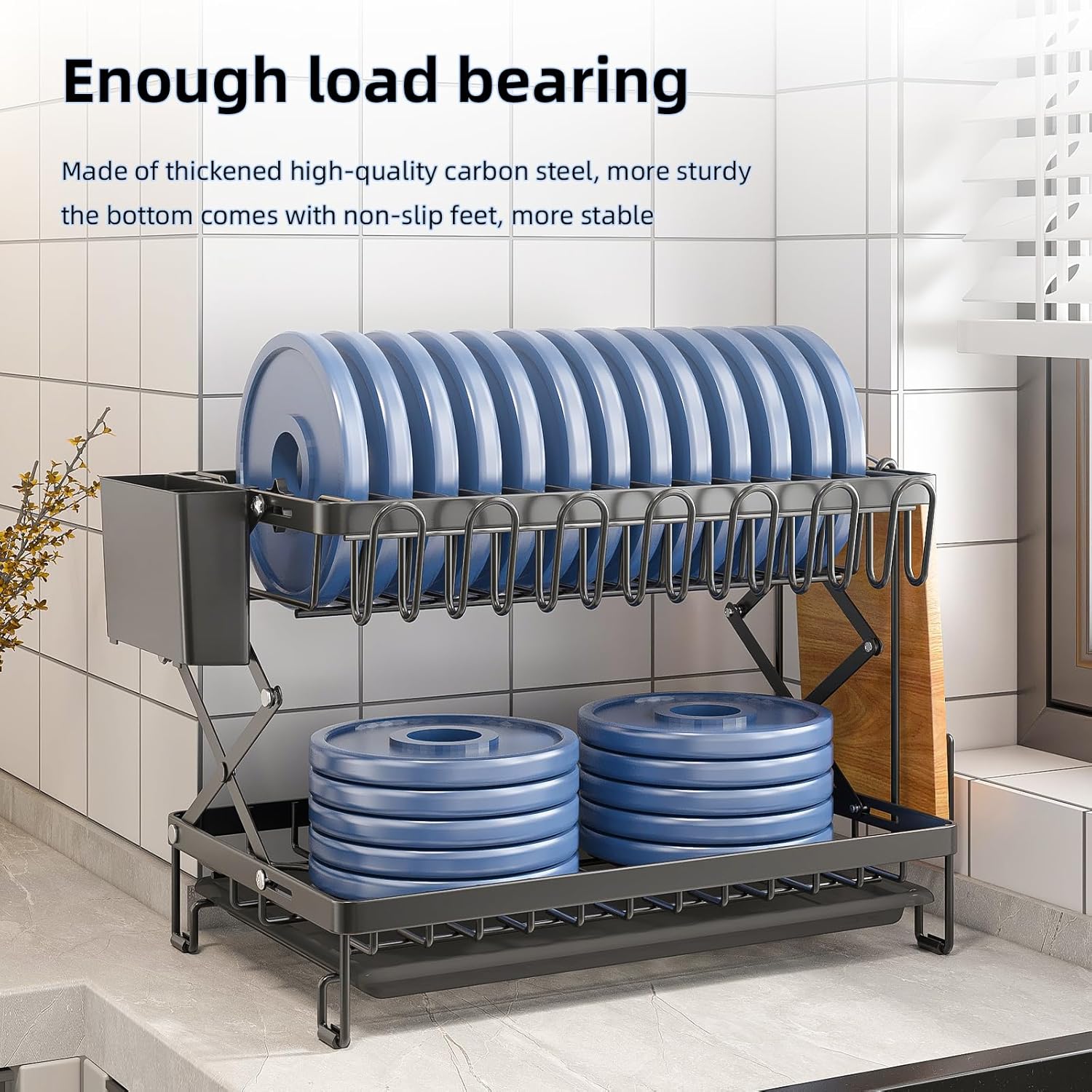 CARLA HOME 2-Tier Dish Drying Rack with Drainage Tray, Utensil Holder, Cup Hooks & Cutting Board Rack for Kitchen (Black) 7