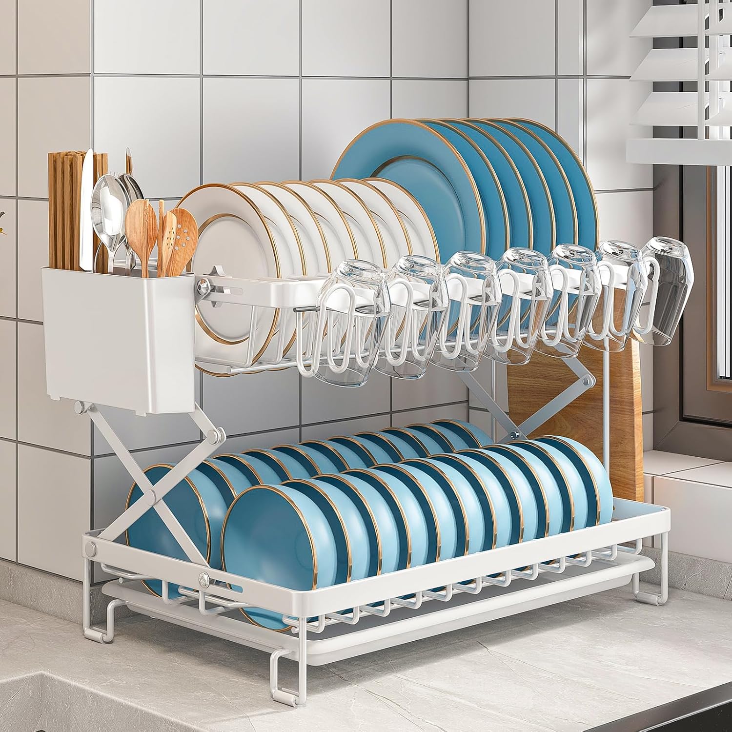 CARLA HOME 2-Tier Dish Drying Rack with Drainage Tray, Utensil Holder, Cup Hooks & Cutting Board Rack for Kitchen (White) 3