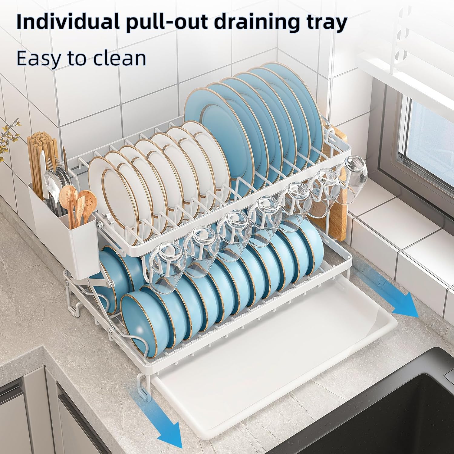 CARLA HOME 2-Tier Dish Drying Rack with Drainage Tray, Utensil Holder, Cup Hooks & Cutting Board Rack for Kitchen (White) 5