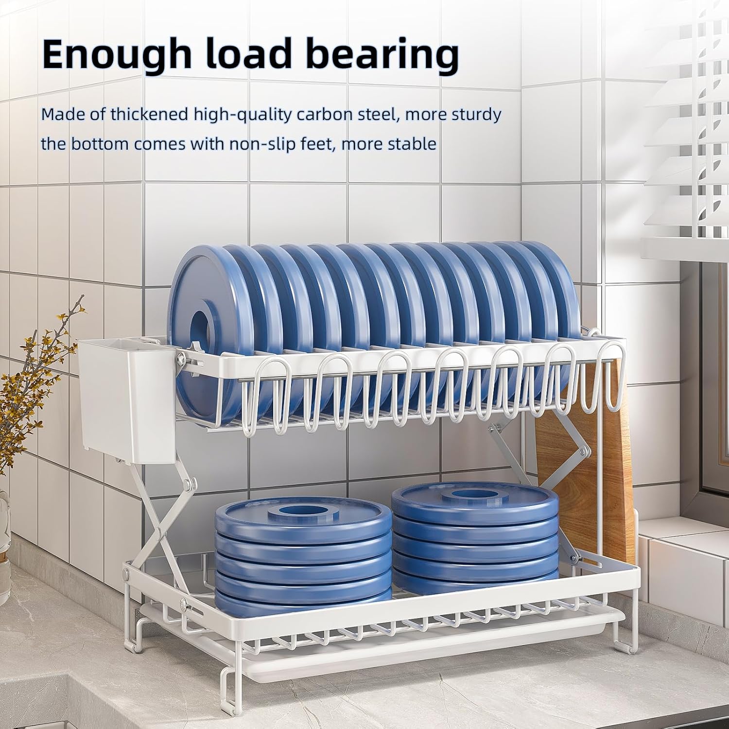 CARLA HOME 2-Tier Dish Drying Rack with Drainage Tray, Utensil Holder, Cup Hooks & Cutting Board Rack for Kitchen (White) 8