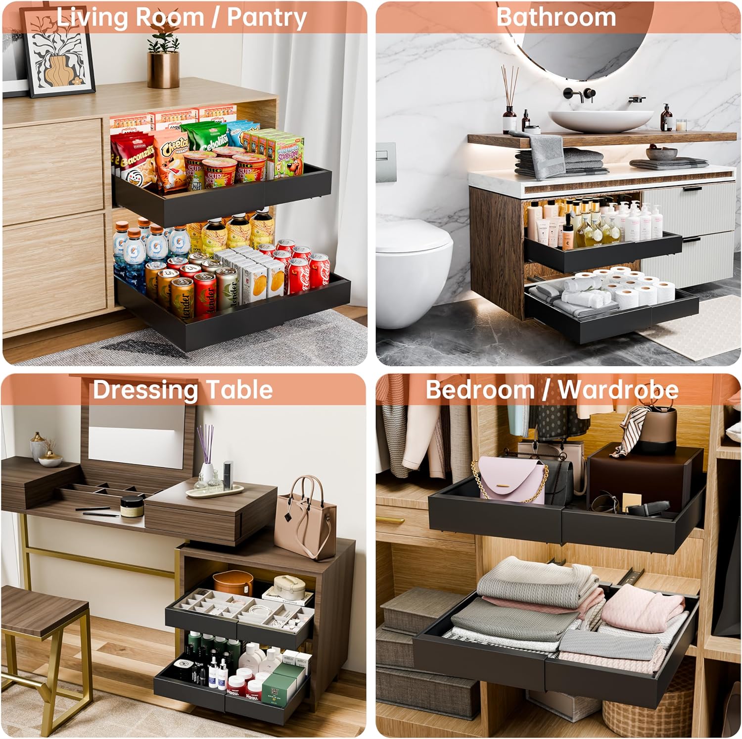 CARLA HOME Pack Pull Out Cabinet Organizer Expandable for Cabinets with Adjustable Slide Out Shelves and Easy Installation (Black) 5