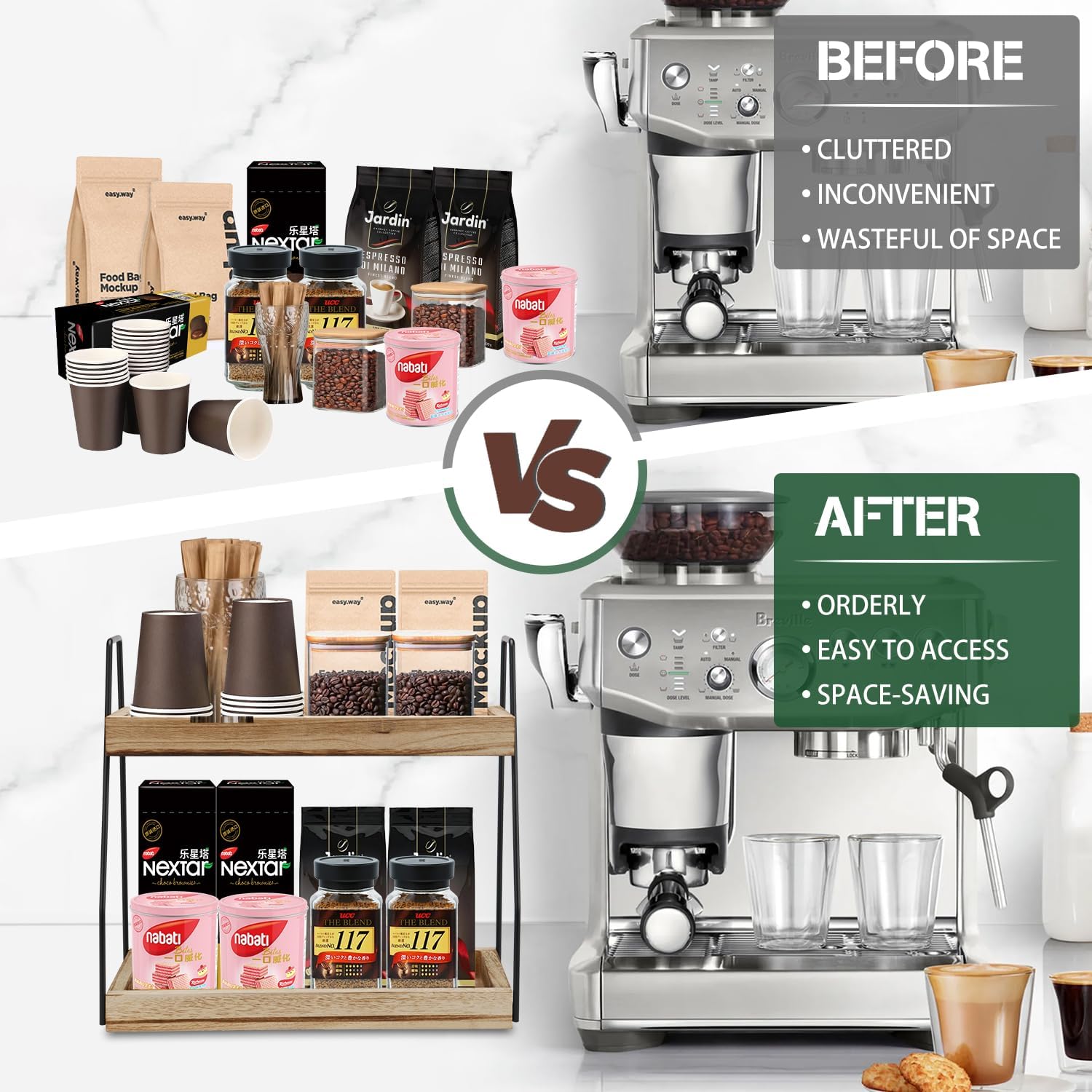 CARLA HOME 2-Tier Wooden Coffee Station Rack Organizer for Coffee Bar, Condiments, Syrups, Storage Jars & Spice Storage Shelf 3