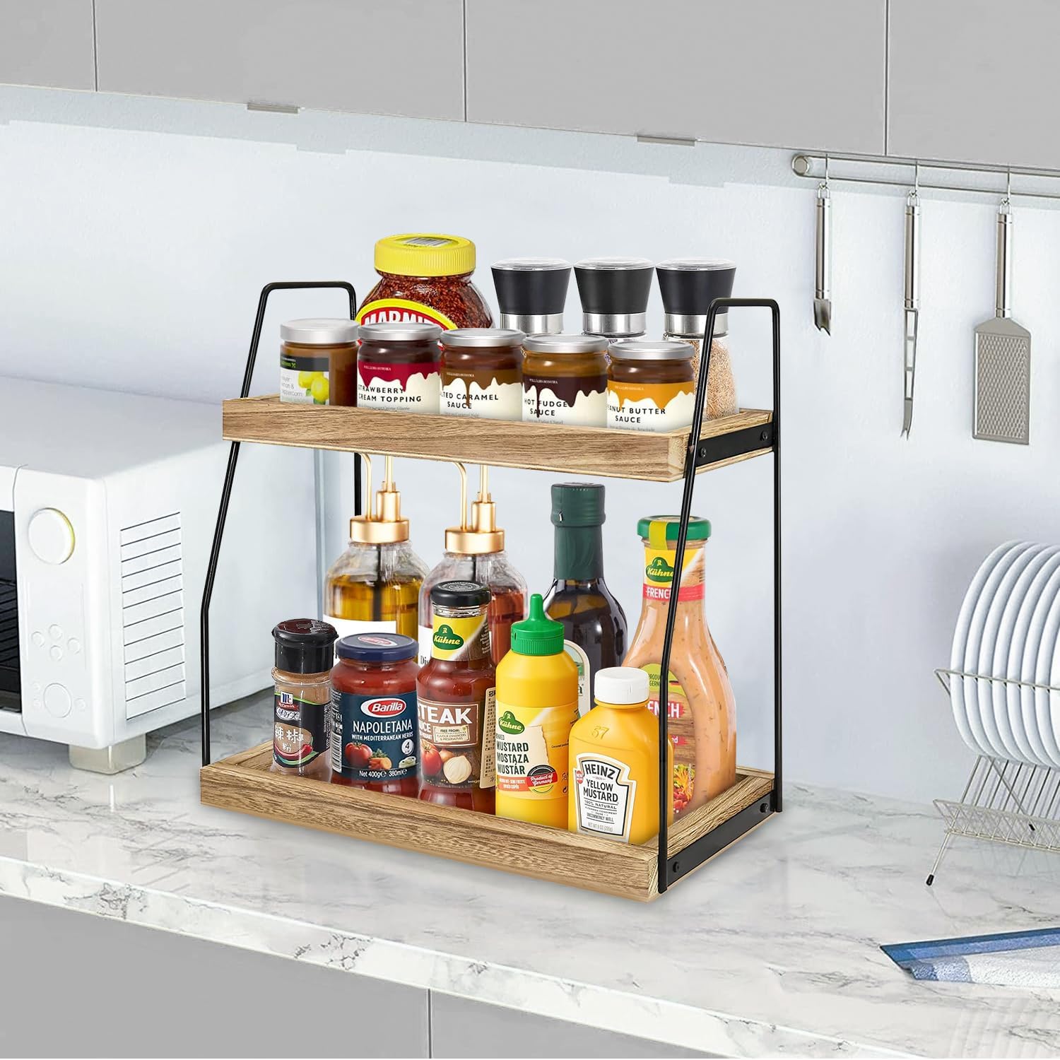 CARLA HOME 2-Tier Wooden Coffee Station Rack Organizer for Coffee Bar, Condiments, Syrups, Storage Jars & Spice Storage Shelf 5